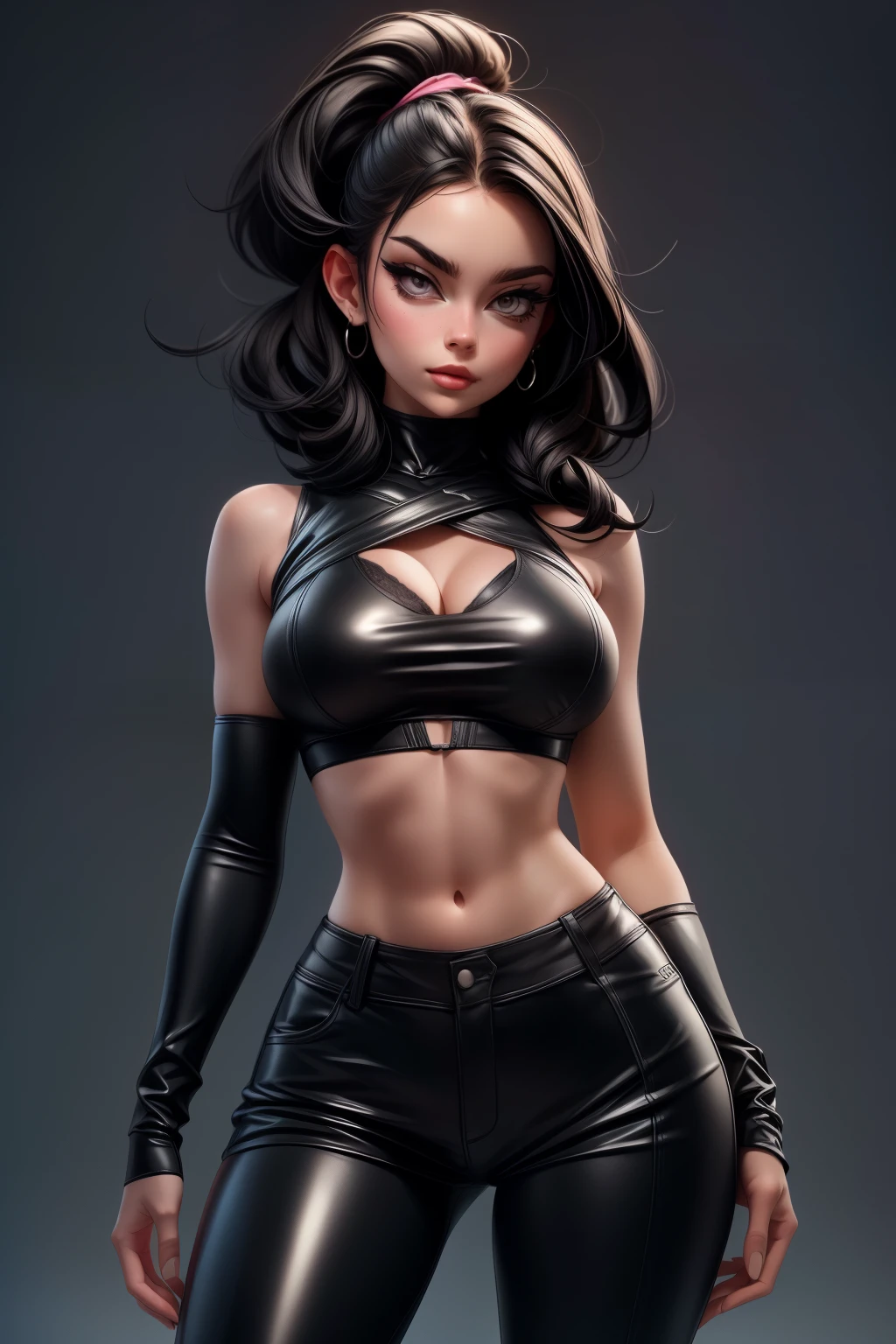 professional photoshoot, solo, emmanorts as apocalypse mercenary female, (black hair:1.2), tight medium hairstyle, medium hair, visible forehead, black ((black tube bra:1.1)), (black crop top), ((visible underboob)), leather pants, large breasts,, aesthetic should be classy and elegant, blank background