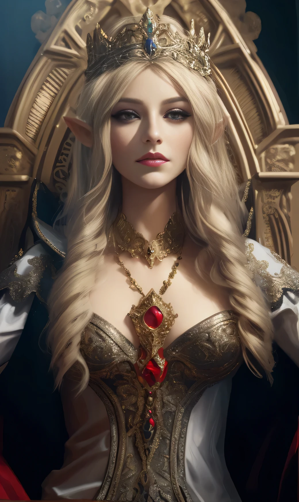 a woman in a crown and dress sitting on a throne, beautiful and elegant elf queen, portrait of an elf queen, blonde elvish empress, beautiful elf with ornate robes, ornate cosplay, beautiful elven princess, very beautiful elven top model, elegant cinematic fantasy art, an elf queen, elven princess, elf queen, beautiful and elegant female elf