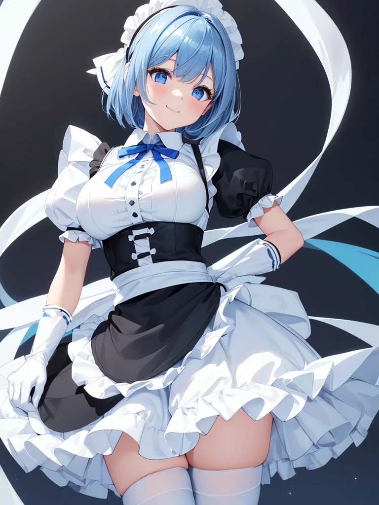  masterpiece, best quality, ultra-detailed,realistic, zero, Blue hair, Short bob hair, large breasts,smiling,cute, pretty face, kawaii, (white and black theme)
(fusion of (sleeveless white high neck
and collared [crop top]) and (black puff
sleeves)), (white tops and black
short sleeves), (wearing a white
half apron over a black skirt), (waist
cincher), (white half apron), (white
maid head-band with ruffles on head,
white brim on head)), (white thigh high
stockings), (white arm warmers, white
long glove)), (black heeled pumps),
 (light-blue theme), (light-blue
lines on skirt), (light-blue ribbon bow
on neck),
