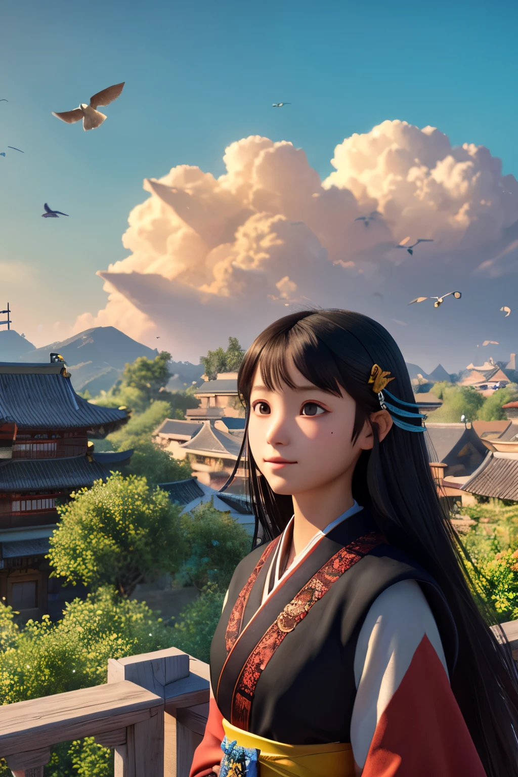 arafed view of a village with a lot of light on the buildings,color (fantasy: 1.2), (cyberpunk chinese ancient castle,), (Irregular red building floating above clouds), Patchwork Cottage, flower decoration, light, cities in china, (Sky City), Ross Tran, lightシャフト, realistic lighting, masterpiece, high quality, beautiful graphics, high detail, masterpiece, high quality, beautiful graphics, high detail, , Birds flying in the sky, unreal engine 5, ((最high quality)), ((masterpiece)), (be familiar with), perfect face、japanese women、black hair、Kimono style、straight hair、long hair、long face、cute、12 years old、