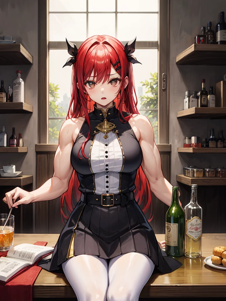 (((masterpiece、Highest image quality、highest quality、highly detailed unity 8kwallpaper)))、(((Illustration of one girl)))、(adventurer)、(((neutral)))、cool、((red hair、long hair、golden eyes))、((tall))、(((muscular and strong body、muscle girl、muscle)))、(((manspreading、sitting in a chair)))、(((Clothing in the style of the Middle Ages、adventurer風の服、adventurer風の装備)))、(Medieval tavern、Liquor bottle on the table)
