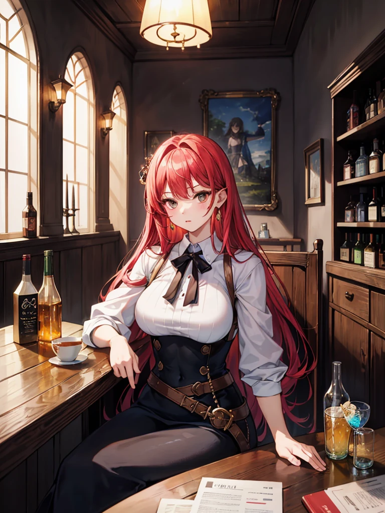 (((masterpiece、Highest image quality、highest quality、highly detailed unity 8kwallpaper)))、(((Illustration of one girl)))、(adventurer)、(((neutral)))、cool、((red hair、long hair、golden eyes))、((tall))、(((muscular and strong body、muscle girl、muscle)))、(((manspreading、sitting in a chair)))、(((Clothing in the style of the Middle Ages、adventurer風の服、adventurer風の装備)))、(Medieval tavern、Liquor bottle on the table)