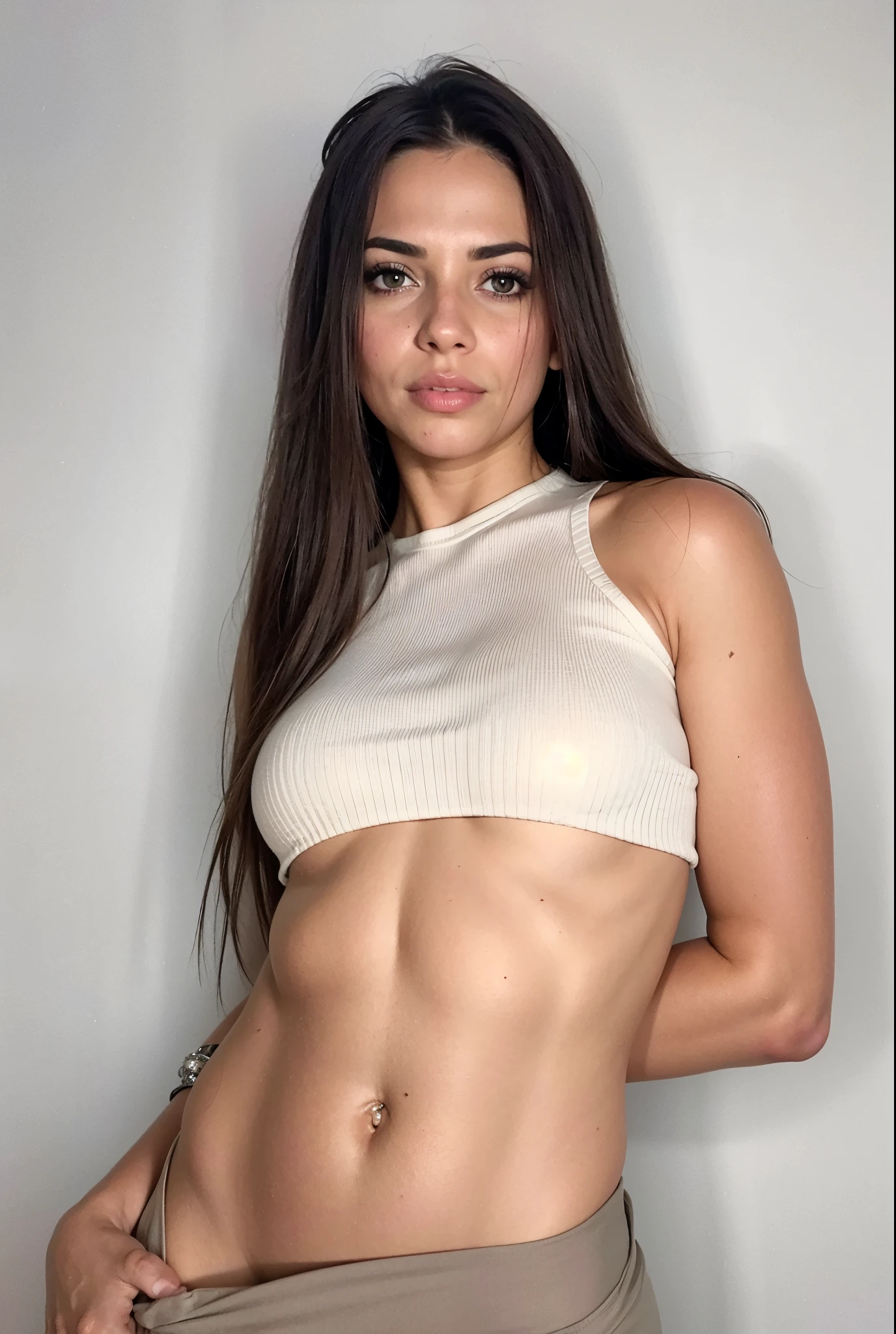mulher linda com blusa branca e saia bege posando para uma foto, 2 modelo feminino de 4 anos, usando um top cropped sexy, linda barriga magra, cabelos castanhos e um corpo perfeito, her belly button is exposed, modelo do instagram, linda jovem modelo, lindo corpo e rosto, foto de modelo de garota magra
