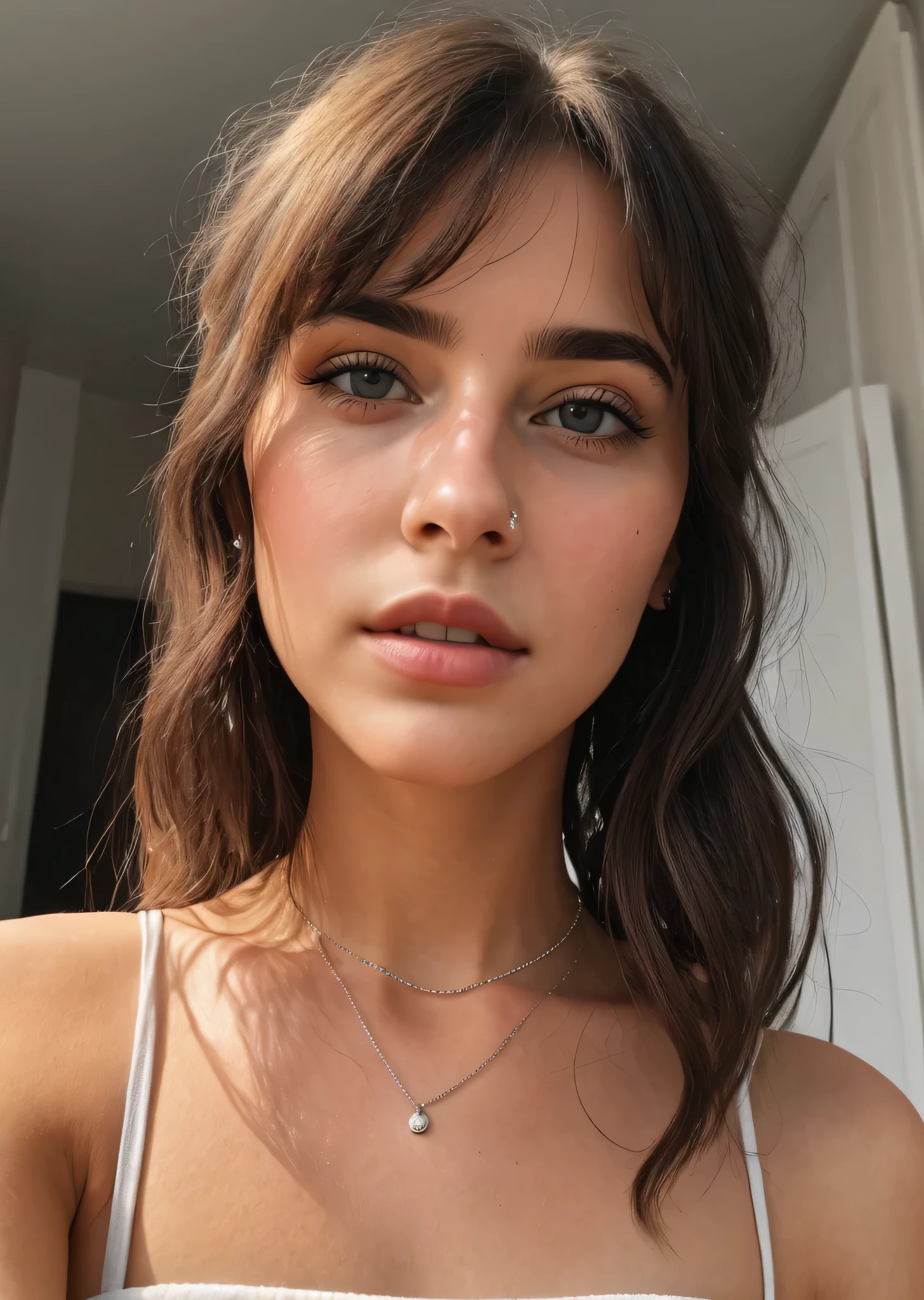 a selfie of a pretty young woman, taken with iPhone camera, looking directly to camera, full face