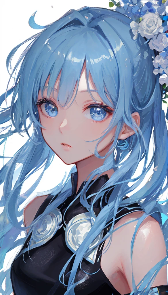 (masterpiece), (best quality), (ultra detailed),(disheveled hair),(illustration), (1girl), (Fashionable clothing), standing, Fashion model, looking at viewer, (interview), (simple background),beautiful detailed eyes, delicate beautiful face, Floating,(high saturation),(colorful splashes),colorful bubble,(shining), focus on face, kamisato ayaka, light blue hair, bangs, hair ring, floating flowers, floating hairs.Girl, anime waifu, looking at viewer, highlydetailed, reflections transparent iridescent colors, long transparent iridescent RGB hair, artby Serafleur from artstation, thick acrylic,illustration on pixiv, waist up portrait, gorgeoussacred girl, best quality, ultra detailed,sad,clever,beautiful face , beautiful lighton black background, Character stvle renderedby Octane,