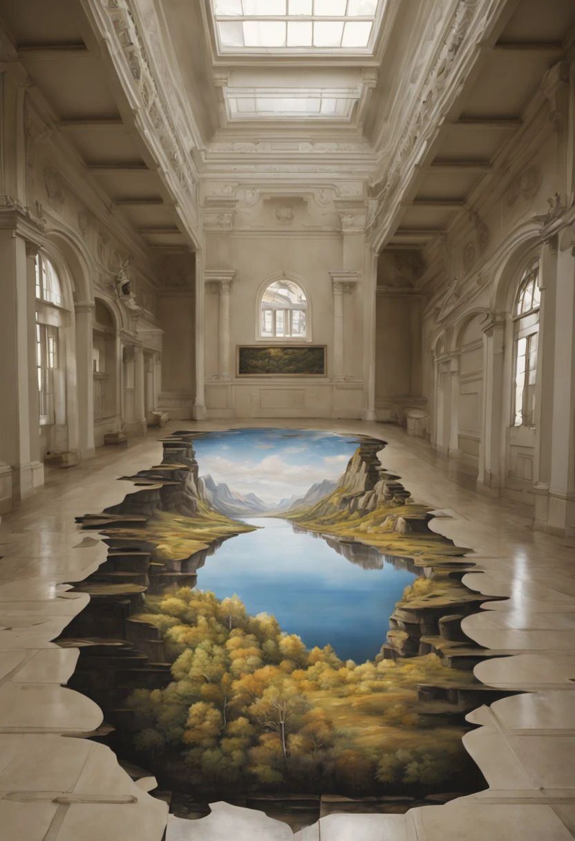 Photorealistic Image Prompt: (An astonishing anamorphic illusion) painted on the floor of a large, open space. The artwork features a distorted and elongated image that can only be perceived correctly when viewed from a specific angle or vantage point. The anamorphic illusion seamlessly integrates with the environment, creating a mind-bending experience for the viewer. Photograph, Trompe-l'oeil, Realism, Julian Beever, Edgar Müller, Felice Varini, DSLR with a wide-angle lens, Top-down perspective, The photograph should capture the illusion's incredible realism and precision, highlighting the seamless integration with the environment. Pay attention to lighting, ensuring that the artwork's shadows and highlights enhance the illusion's three-dimensionality. The image should be high resolution, allowing viewers to appreciate the intricate details of the anamorphic artwork.