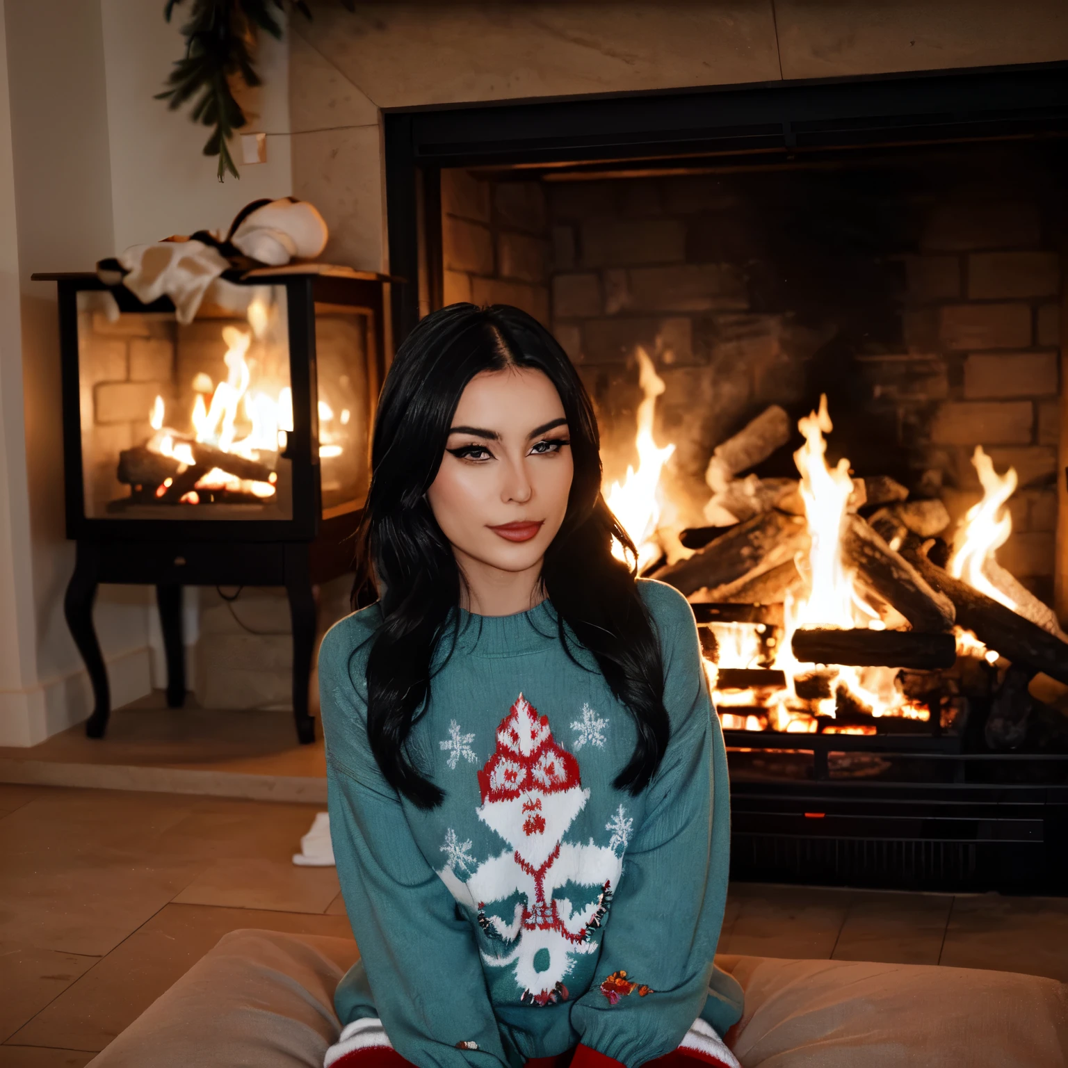 emmanorts, 1girl black long weavy hair, wearing a christmas sweater, christmas decoration in background, lit fireplace in background