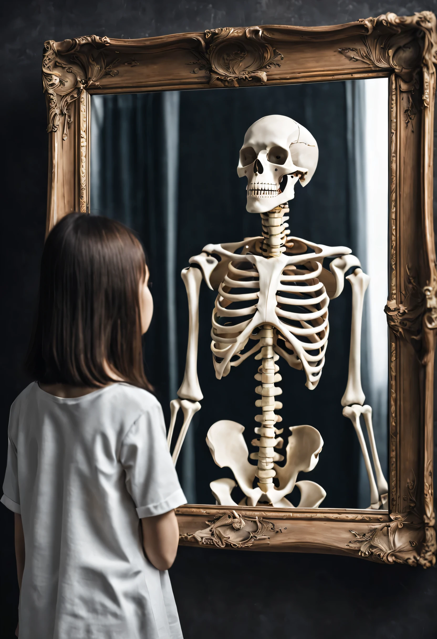Visual illusion,Girl looking in the mirror,Human skeleton in the mirror。