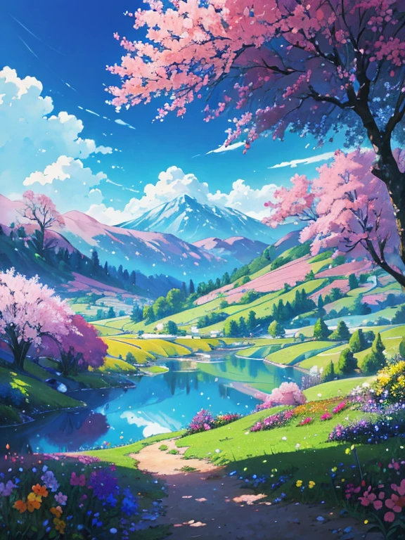 There is a painting of a colorful landscape with trees and flowers., paisaje vibrante de pintura gouache, pintura de paisaje colorido, Campo de anime, paisaje brillante, entorno pintoresco y colorido, Just Bartel, Paisaje del anime, Arte de fondo del anime, Hermosa escena de paz de anime, arte del paisaje detallado, Arte bonita UHD 4K, hermoso paisaje animado, Pintura digital en color, paisaje de sonho, Paisaje de anime fondo de pantalla