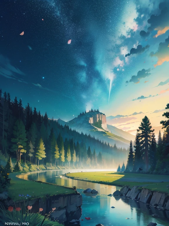 (Magical Night Sky Green Streams Overlay Scene), (skyporno), (Nubes), Soft lighting, fondo limpio, hermoso paisaje, mesa, alta calidad, Beautiful graphics, alto detalle, Epic landscapes, garden, flores, Nubes, (Cielo estrellado nocturno, River Behind, huge old tree behind, Rose petals that shine in the back fall.)