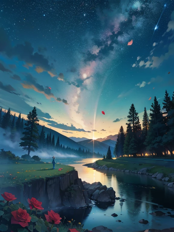 (Magical Night Sky Green Streams Overlay Scene), (skyporno), (Nubes), Soft lighting, fondo limpio, hermoso paisaje, mesa, alta calidad, Beautiful graphics, alto detalle, Epic landscapes, garden, flores, Nubes, (Cielo estrellado nocturno, River Behind, huge old tree behind, Rose petals that shine in the back fall.)