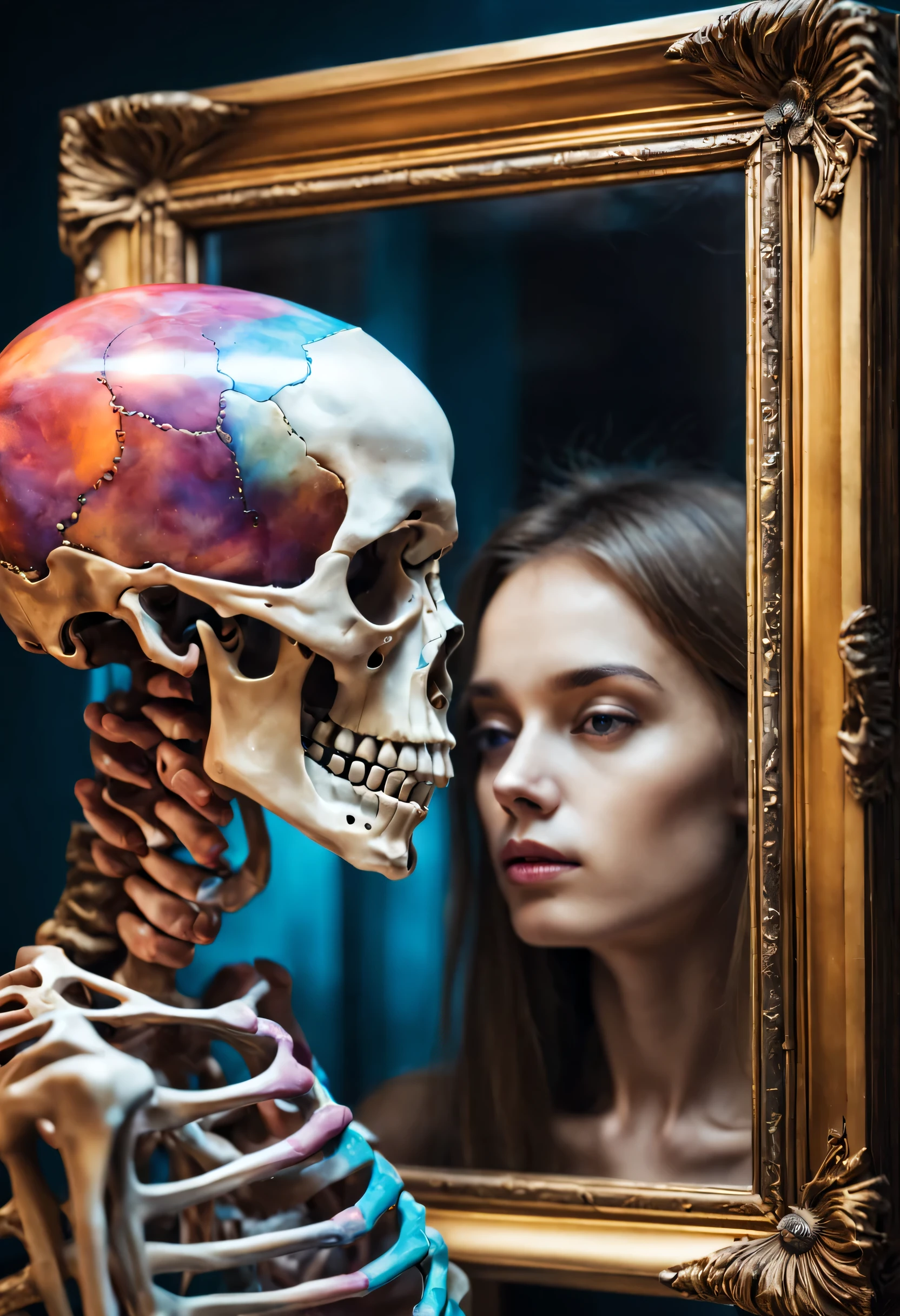（Human skeleton holding photo of girl）。Optical illusion art illustration，bright colors，Detailed specular reflection，Realistic lighting，emphasize，portrait，Surrealism，ethereal，distortion，Abstract，concept art