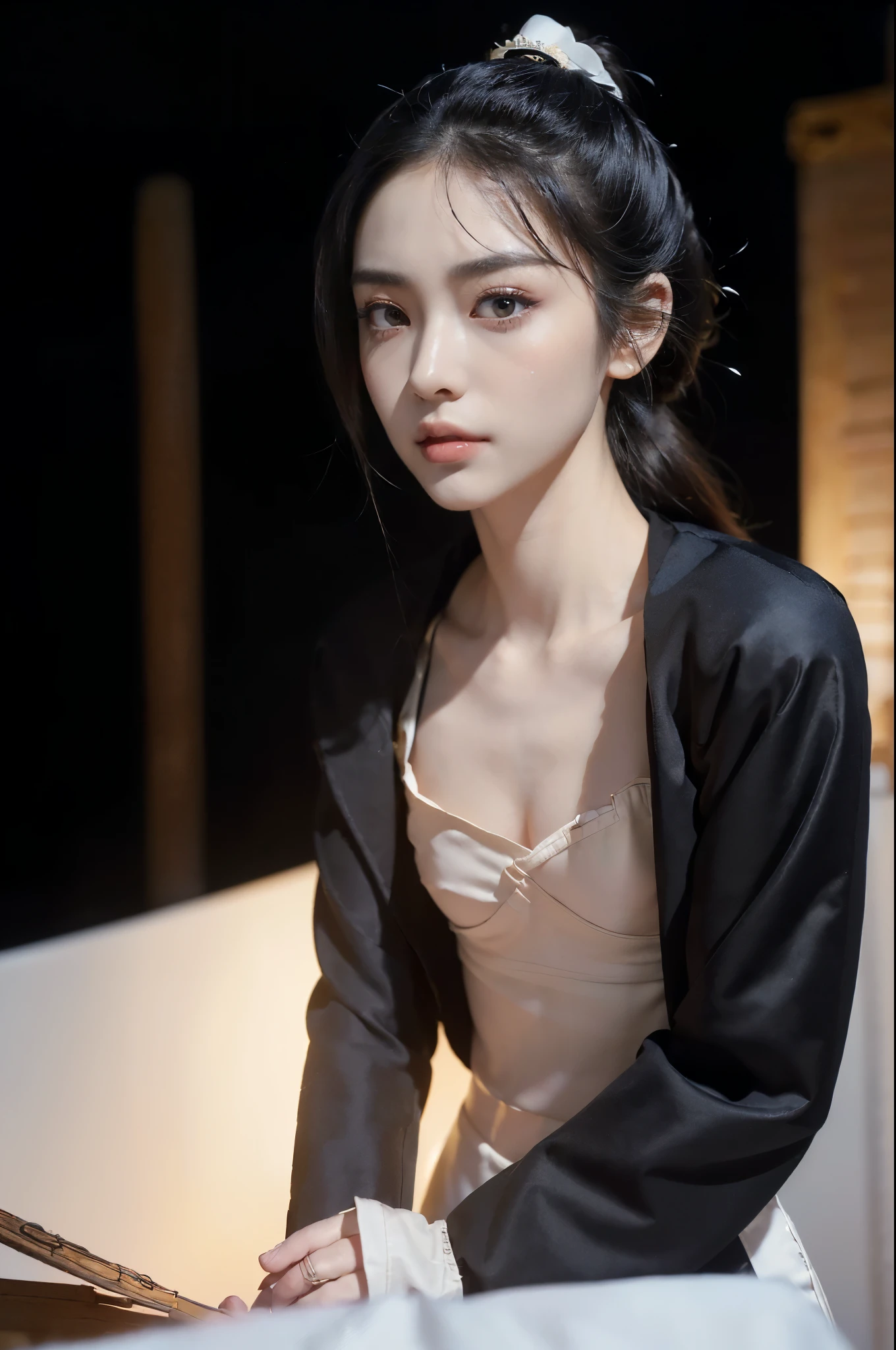 ((((8k))),((Extremely meticulous CG)) ,(wallpaper),16k,((Extremely refined and beautiful)),(((Masterpiece))),(((best qualtiy))),(((Ultra High Resolution))),beautiful light up,Perfect lightning,realistic shaded,[A high resolution],(Smooth and flawless fair skin:1.5),(pale skin:1.3),Extremely exquisite facial details,(perfect body:1.1),ultra-detailed,A beautiful girl,solo,small head,(short ponytail:1.1),small face,Exquisite makeup,(small breasts:1.5),flat chests,slim,thin,(face with medical mask:1.2),(Black puffy down coat:1.3),(slender legs:1.2),(pants:1.2),(night scene:1.5),indoor,(In the museum:1.3),(Chinese cultural relics:1.3),(detailed background:1.5),(standing:1.3),(upper body:1.2),(from front:1.3)