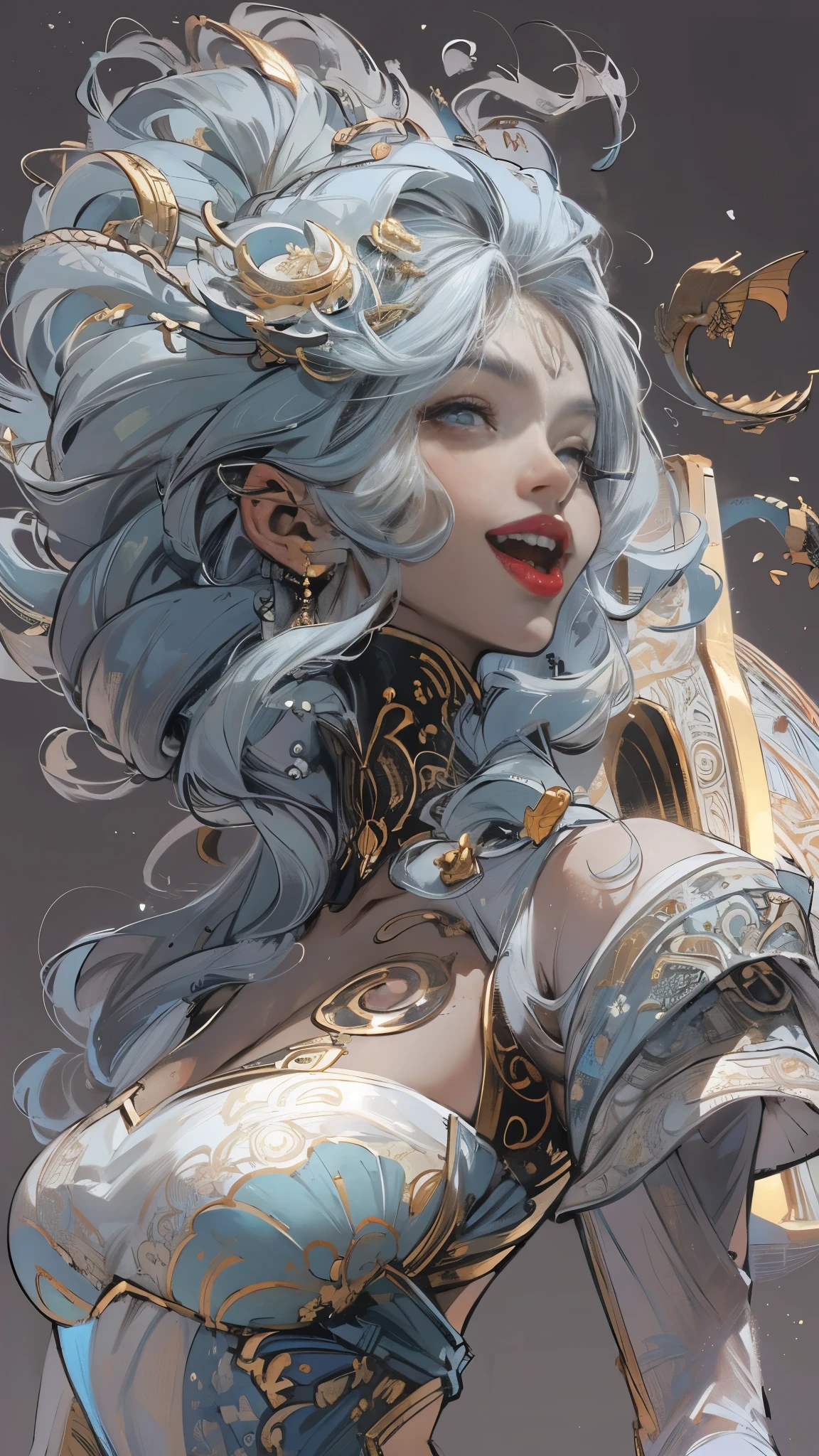 black woman ahgao,silver hair,a heartwarming smile,thick lips,elongated eyes,charming eyes,(Beautiful and detailed eye descriptions),snow white skin,Mature,red lips(Very delicate and beautiful),Super detailed,masterpiece,))smile happily,open mouth,barefoot,without wearing shoes,In the depths of the ocean,(((masterpiece),(Very detailed CG unity 8k wallpaper)),best quality,light,detailed background,Sexy gesture,(Correct face shape 1.6)(wear:Red suspender dress,soaked,metal trim,skirt,),飘逸的skirt,Exposing arms,(background with:Ruins of Atlantis,),(at your feet:Destroyed buildings,)Deep background,marvelous and unbelievable,epic work,(intricate details,Ultra-detailed:1.2),art station,(masterpiece,best quality)Surrealism, shadow, relief, Stereo view, perspective, 影院light, 8k, Super details, precise, best quality, high resolution, Award-winning, anatomically correct,sea water foam, bubble, shell, fish, pearl,Nautilus,plant,jellyfish,coral,Retro Style,(Zentangle,mandala,tangled,entangled), (fractal art: 1.3),Divine light,gold foil,gold foil艺术,Flash drawing,