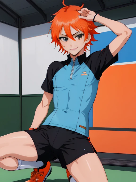 official art,anime screen cap、anime style etc.,Super thin illustration, High resolution, muste piece, best quality,best quality,high quality, detailed,  (little boy),12 years old, A young tennis idol with a super cute face.,beautiful boy、 Standing ceremony, Cool handsome face with smile, blue soccer cleats, long legs, thighs, Foots, Bulge, (((orange hair、short story,)))、 shiny hair, boy with sharp eyes, (Tennis tight shiny upper and lower separated training bodysuit), (tight soccer shorts), (Soccer Socks), grassy area, cool pose, (太いthighs,big butt),(((park tennis field)))、((Saucy、))、grinning grin、spread legs,ultra fine painting, (best quality, In 4K, 8K, High resolution, muste piece:1.2),(((Being aware of the sexual gaze of middle-aged gay men)))、Service Shots、 show off your crotch、((detailedな目:1.2))