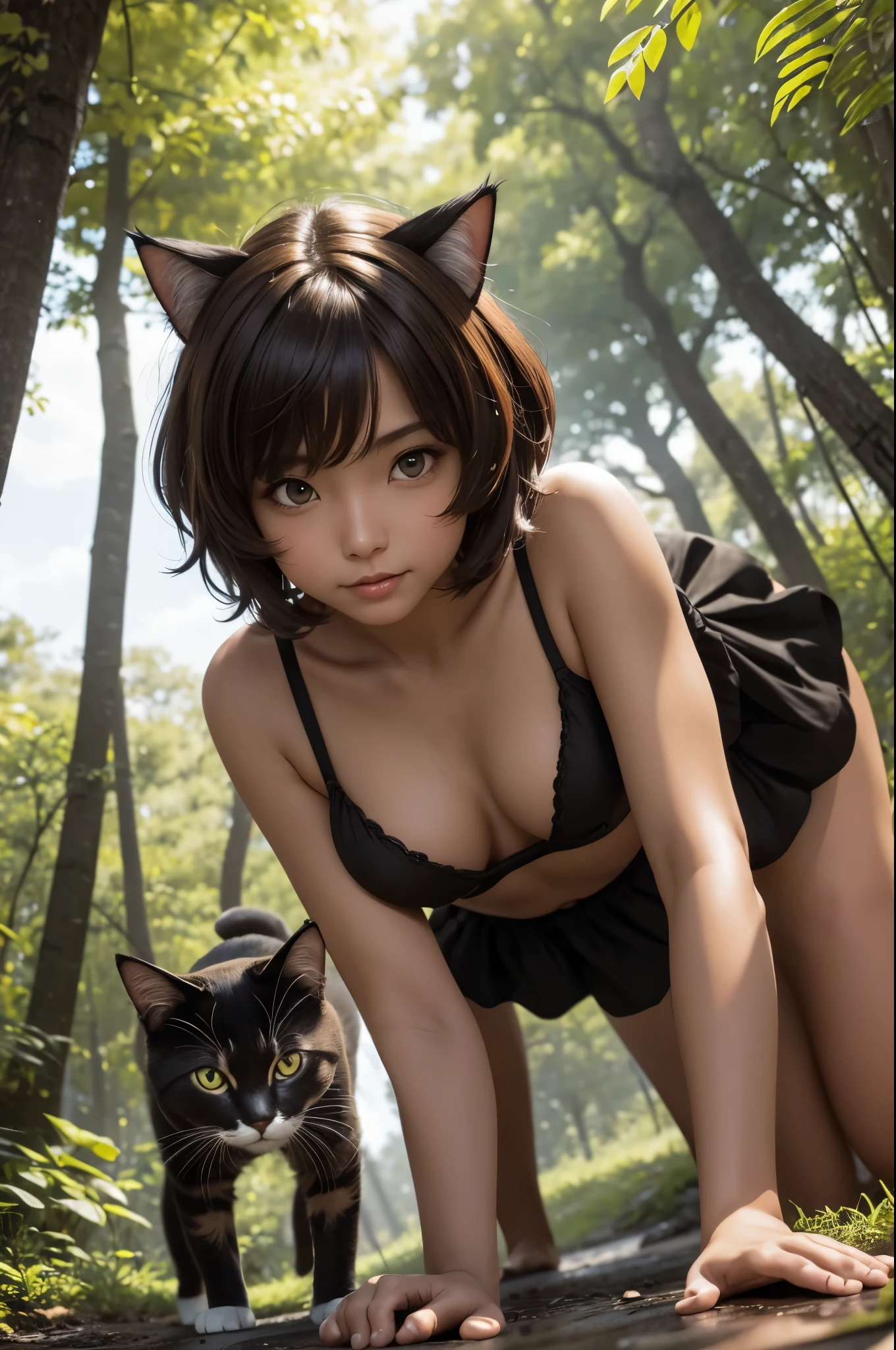 8K,と黒One Piece着て写真を撮るsmall breasts cat girl, small breasts cat girl, Attractive bright brown hair and short permed hair, fantasy art, little cat girl, Wojtek Füss, One Piece, Chiquita, trending on cgstation,in the forest,laughter,Light brown permed short hair,shorts with black,attractive,Super high resolution,skin that looks real,has cat eyes,very small breasts,sexy,crawl on all fours,cat pose,