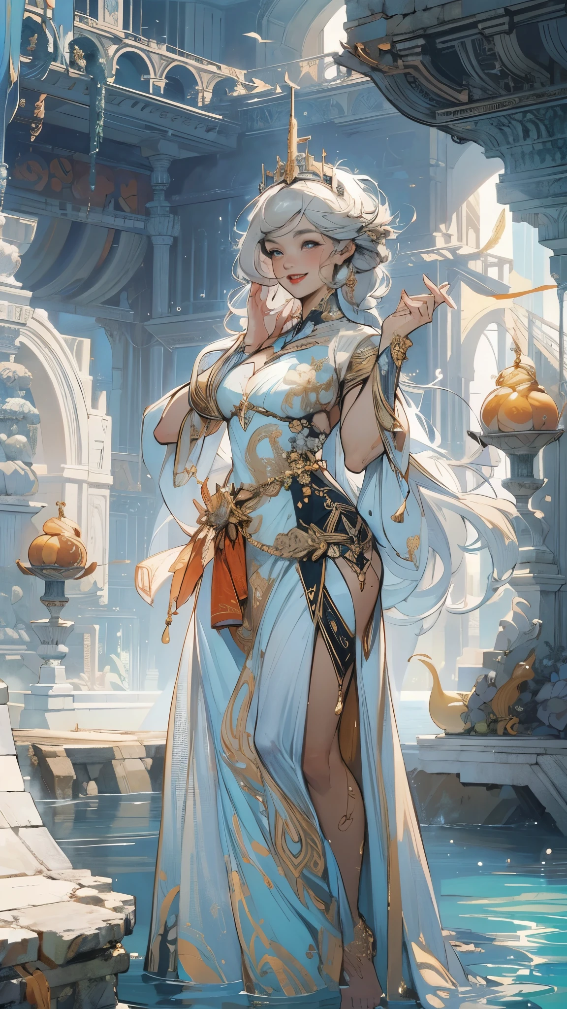 black woman ahgao,silver hair,a heartwarming smile,thick lips,elongated eyes,charming eyes,(Beautiful and detailed eye descriptions),snow white skin,Mature,red lips(Very delicate and beautiful),Super detailed,masterpiece,))smile happily,open mouth,barefoot,without wearing shoes,In the depths of the ocean,(((masterpiece),(Very detailed CG unity 8k wallpaper)),best quality,light,detailed background,Sexy gesture,(Correct face shape 1.6)(wear:Red suspender dress,soaked,metal trim,skirt,),飘逸的skirt,Exposing arms,(background with:Ruins of Atlantis,),(at your feet:Destroyed buildings,)Deep background,marvelous and unbelievable,epic work,(intricate details,Ultra-detailed:1.2),art station,(masterpiece,best quality)Surrealism, shadow, relief, Stereo view, perspective, 影院light, 8k, Super details, precise, best quality, high resolution, Award-winning, anatomically correct,sea water foam, bubble, shell, fish, pearl,Nautilus,plant,jellyfish,coral,Retro Style,(Zentangle,mandala,tangled,entangled), (fractal art: 1.3),Divine light,gold foil,gold foil艺术,Flash drawing,