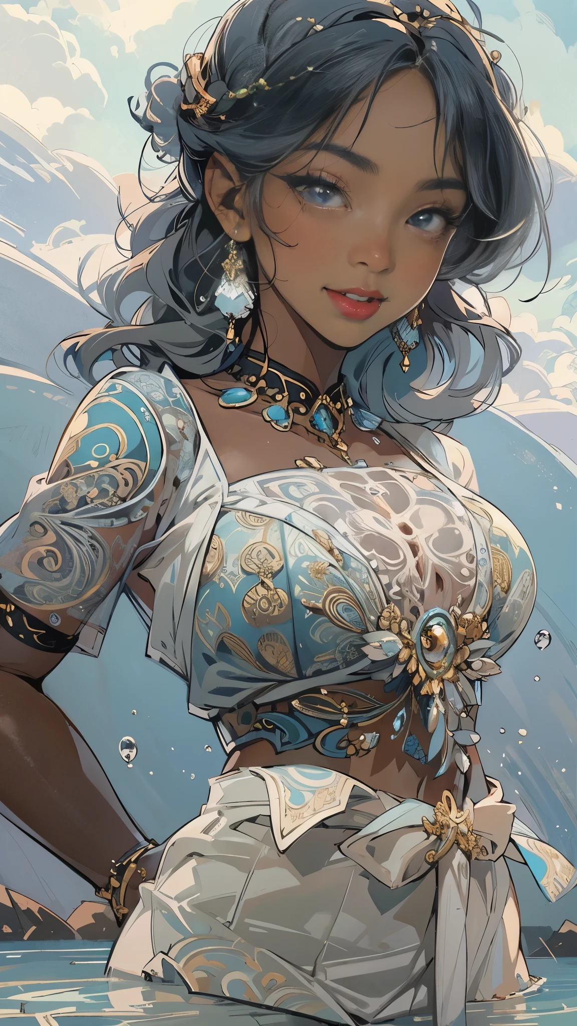 black woman ahgao,silver hair,a heartwarming smile,thick lips,elongated eyes,charming eyes,(Beautiful and detailed eye descriptions),snow white skin,Mature,red lips(Very delicate and beautiful),Super detailed,masterpiece,))smile happily,open mouth,barefoot,without wearing shoes,In the depths of the ocean,(((masterpiece),(Very detailed CG unity 8k wallpaper)),best quality,light,detailed background,Sexy gesture,(Correct face shape 1.6)(wear:Red suspender dress,soaked,metal trim,skirt,),飘逸的skirt,Exposing arms,(background with:Ruins of Atlantis,),(at your feet:Destroyed buildings,)Deep background,marvelous and unbelievable,epic work,(intricate details,Ultra-detailed:1.2),art station,(masterpiece,best quality)Surrealism, shadow, relief, Stereo view, perspective, 影院light, 8k, Super details, precise, best quality, high resolution, Award-winning, anatomically correct,sea water foam, bubble, shell, fish, pearl,Nautilus,plant,jellyfish,coral,Retro Style,(Zentangle,mandala,tangled,entangled), (fractal art: 1.3),Divine light,gold foil,gold foil艺术,Flash drawing,