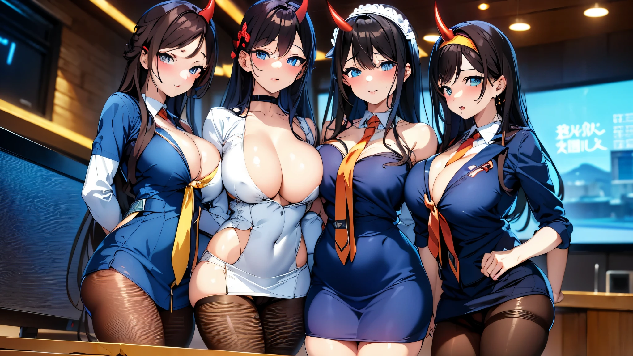 masterpiece, best quality, highres, sexy anime girl, long hair, horns, hairband, nerd gaming uniform, orange necktie, blue dress, long sleeves, black pantyhose, underwear, cowboy shot, standing, gaming room background,