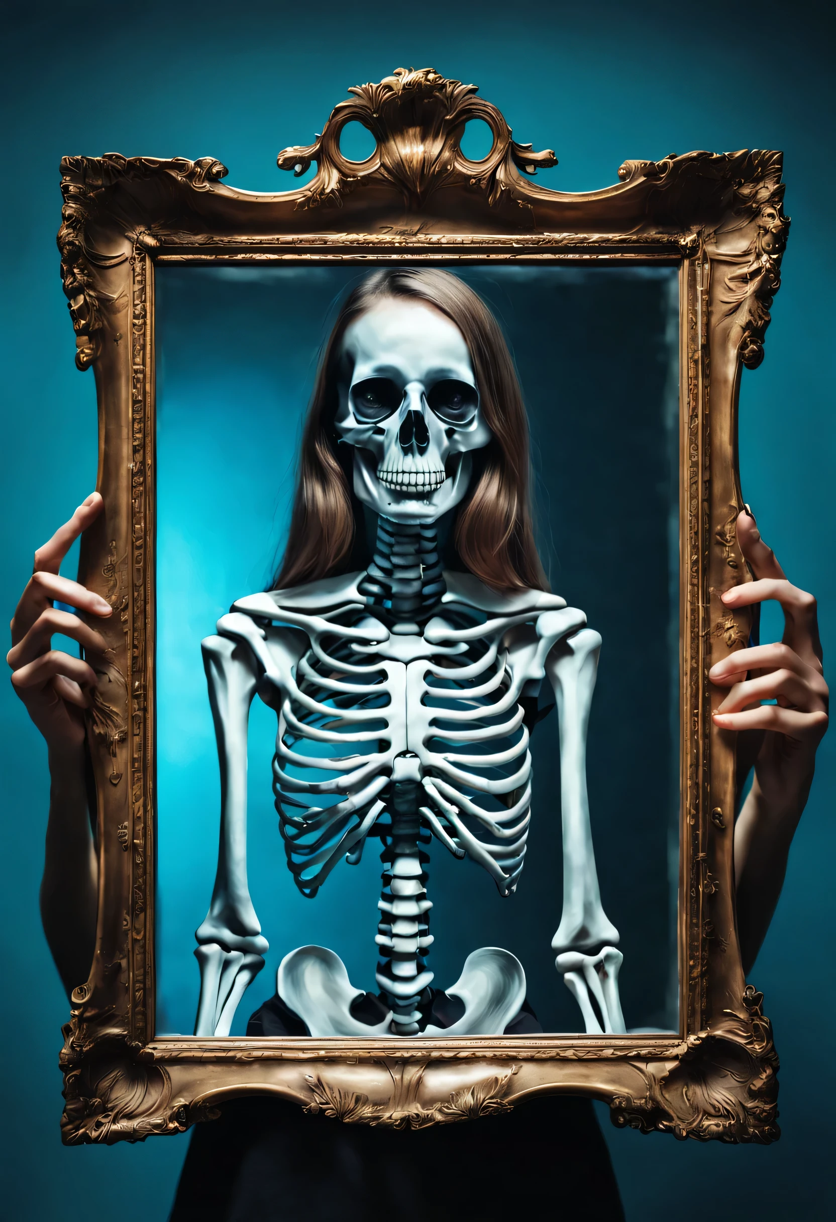 (Human skeleton holding photo of girl)。Optical illusion art illustration,bright colors,Detailed specular reflection,Realistic lighting,emphasize,portrait,Surrealism,ethereal,distortion,Abstract,concept art