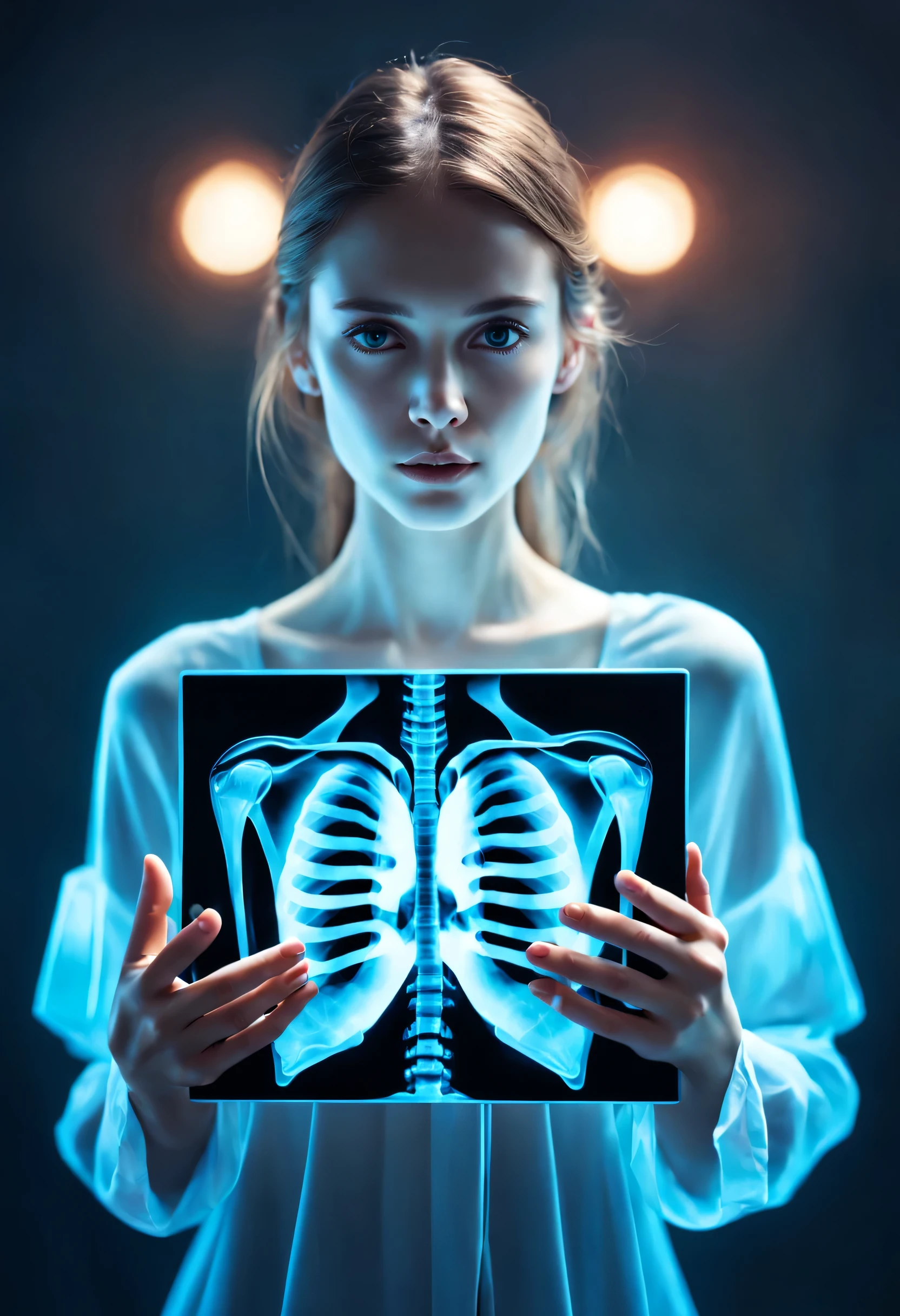 （Human skeleton holding photo of girl）。Optical illusion art illustration，bright colors，Detailed specular reflection，Realistic lighting，emphasize，portrait，Surrealism，ethereal，distortion，Abstract，concept art