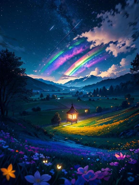 Una foto de paisaje amplio, (visto desde abajo, the sky with rainbow is above, and the open field is below), Una chica de anime sentada en un colorido campo de flores mirando hacia arriba, (Luna llena: 1.2), (rainbow clouds: 0.9), (rainbow: 1.3), distant mountains , estrellas fugaces,  Artistic crafts, (Luz calida: 1.2), (Firefly: 1.2), luces, Mucho morado y naranja, detalles intrincados, paleta de colores,Volumetric Lighting BREAK (obra maestra: 1.2), (Mejor calidad), 4k, ultra detallado, (dynamic composition: 1.4), Rico en detalles y color., (Color del arcoiris: 1.2), (Brillo, atmospheric lighting), Dreamer, magical, (Solo: 1.2),