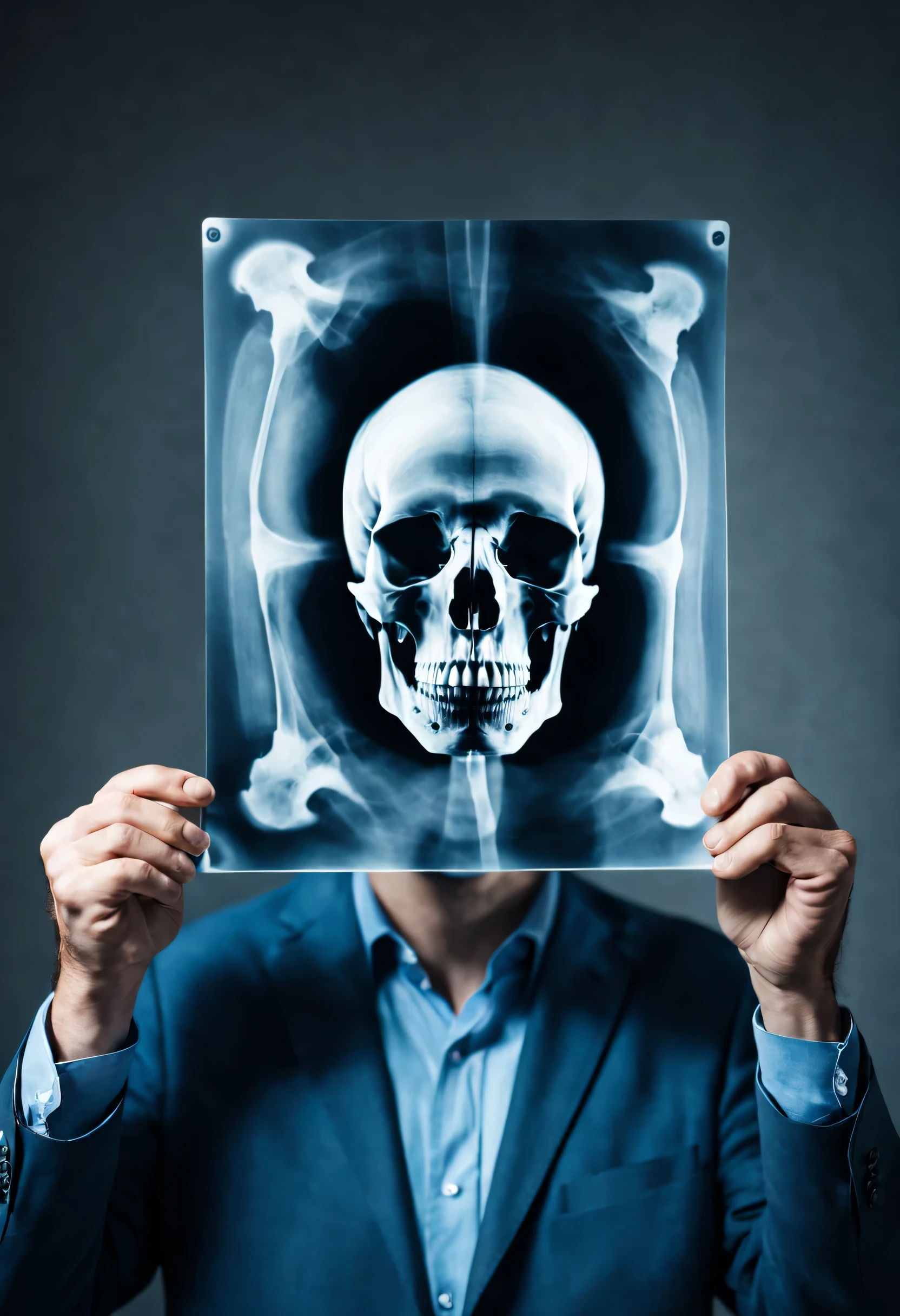 （Human skeleton holding photo of girl）。Optical illusion art illustration，bright colors，Detailed specular reflection，Realistic lighting，emphasize，portrait，Surrealism，ethereal，distortion，Abstract，concept art
