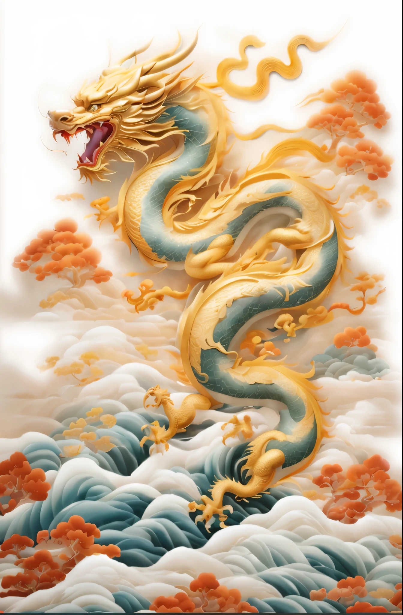 there is a dragon that is flying over the water, smooth chinese dragon, golden dragon, majestic japanese dragon, cyan chinese dragon fantasy, chinese dragon, chinese dragon concept art, oil painting of dragon, china silk 3d dragon, colossal dragon as background, by Li Kan, dragon art, dragon, legendary dragon, by Kanō Tan'yū
