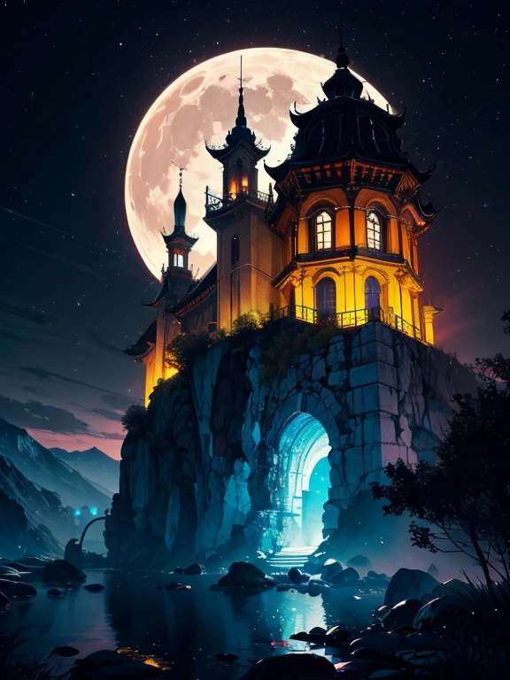 in personal , al aire libre , noche , Dream ,( dientes densos :1.4), Luna circular , mountain , river , La rama dorada , cielo , Gold decoration ,
( minimalismo :1.4), Chinese classical art , Shan superior largo amarillo , movie poster , Un fondo minimalista ,3D, Pantalla limpia ,
 Mejor calidad , perfect lighting , obra maestra , Arte oficial ,8k, Wallpar Huge file size , huge file size , Super detailed , renderizador OC ,
 Symmetrical purchases ,