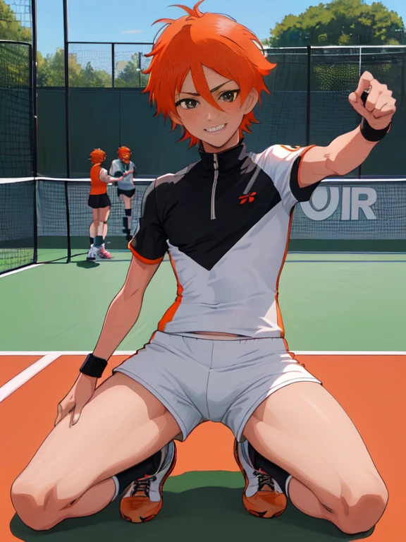 official art,anime screen cap、anime style etc.,Super thin illustration, High resolution, muste piece, best quality,best quality,high quality, detailed, (),12 years otennis idol with a super cute face.,beautiful boy、 Standing ceremony, Cool handsome face with smile, blue soccer cleats, long legs, thighs, Foots, Bulge, (((orange hair、short hair,)))、 shiny hair, boy with sharp eyes, (Tennis tight shiny upper and lower separated training bodysuit), (tight soccer shorts), grassy area, cool pose, (太いthighs,big butt),(((park tennis field)))、((Saucy、))、grinning grin、spread legs,ultra fine painting, (best quality, In 4K, 8K, High resolution, muste piece:1.2),(((Being aware of the sexual gaze of middle-aged gay men)))、Service Shots、((detailedな目:1.2))