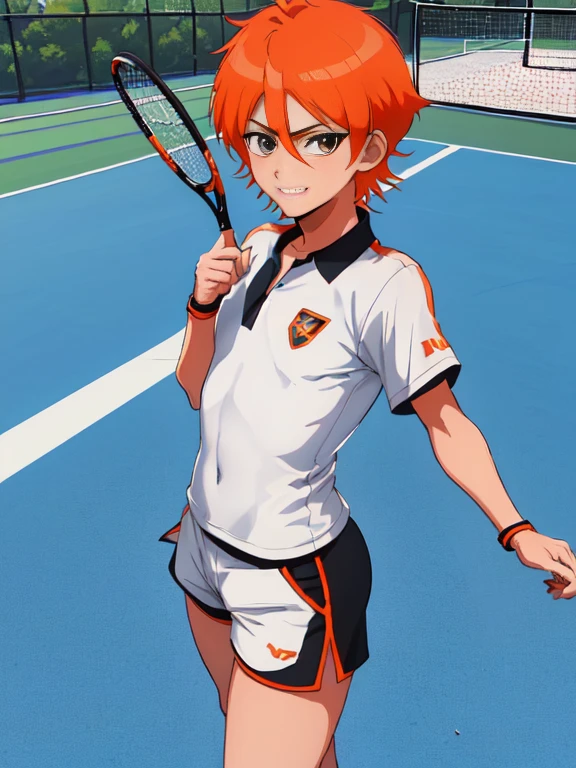 official art,anime screen cap、anime style etc.,Super thin illustration, High resolution, muste piece, best quality,best quality,high quality, detailed, (),12 years otennis idol with a super cute face.,beautiful boy、 Standing ceremony, Cool handsome face with smile, blue soccer cleats, long legs, thighs, Foots, Bulge, (((orange hair、short hair,)))、 shiny hair, boy with sharp eyes, (Tennis tight shiny upper and lower separated training bodysuit), (tight soccer shorts), grassy area, cool pose, (太いthighs,big butt),(((park tennis field)))、((Saucy、))、grinning grin、spread legs,ultra fine painting, (best quality, In 4K, 8K, High resolution, muste piece:1.2),(((Being aware of the sexual gaze of middle-aged gay men)))、Service Shots、((detailedな目:1.2))