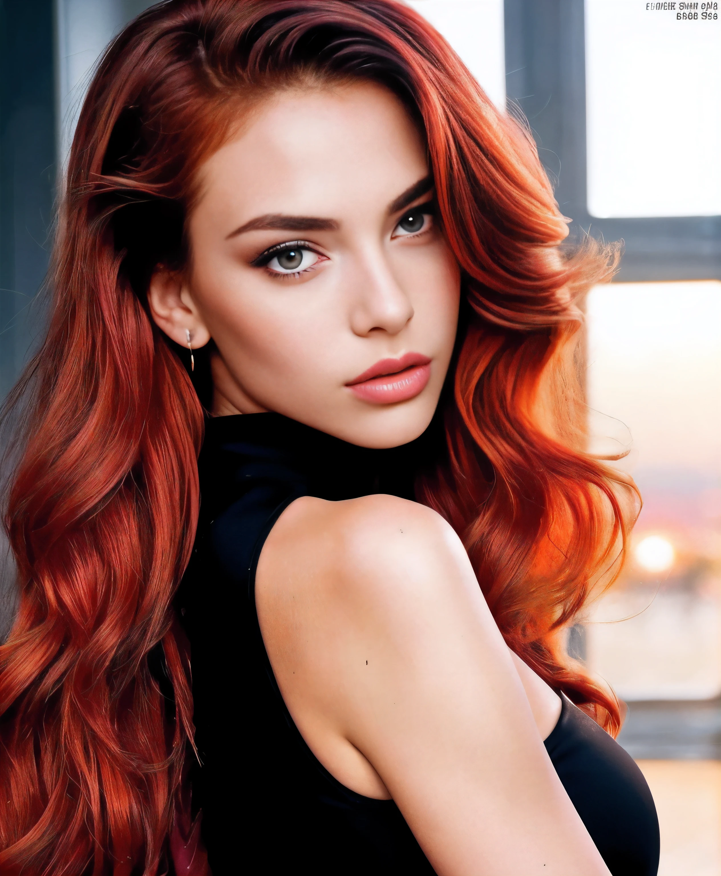 glamour, fashion photo, vogue magazine, beautiful, 18 years old, girl with messy red hair, skinny, very small , pure eyes, makeup, details, higly detailed, Fashion Magazine, sunset, rim light, cinematic lighting, black mini dress, high heels • Multi-colored • Round neck