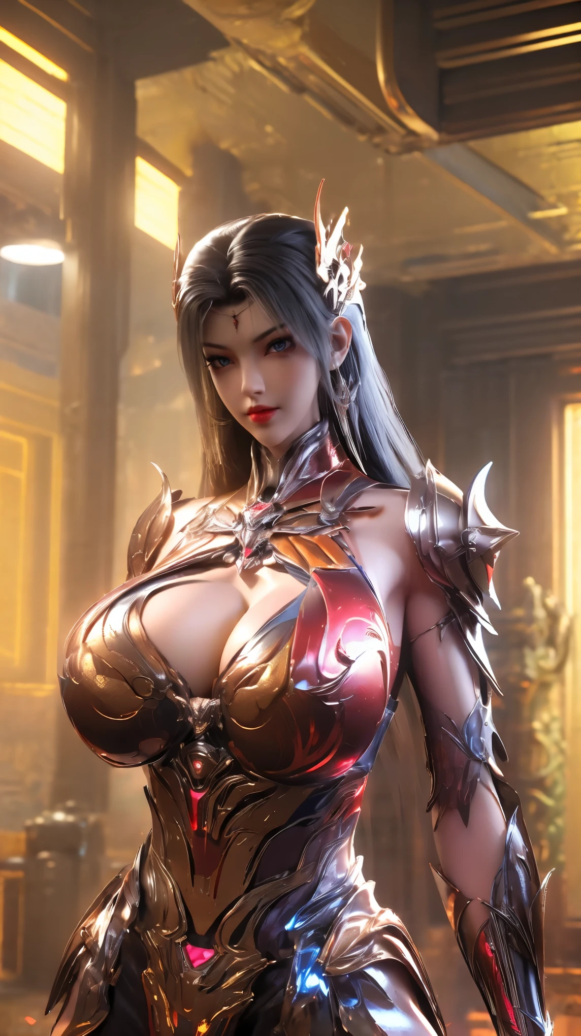 UPPER BODY,SOLO,(PHOENIX GOLDEN HELM), (GIGANTIC FAKE BREAST,CLEAVAGE,MUSCLE ABS:1.5), (RED,BLACK SHINY, NSFW, FUTURISTIC SCI-FI MECHA ARMORED SET, SKIMPY BIKINI ARMOR:1.5),(MUSCULAR BODY:1.5), (NSFW SWEATY BUSTY BODY:1.5), (LOOKING AT VIEWER:1.3),(PORTRAIT:1.5),(HALLROOM OF FUTURISTIC SPACE STATION:1), (PHOTOREALSITIC:1.4), (ULTRA-DETAILLIERT), (TOP-QUALITY), (BEST SHADOWS), (​MASTERPIECE), BRIGHT LIGHT IN ROOM, HYPER TEXTURE, (4X MSAA), ((UNREAL ENGINE 5 RENDER)), PHYSICALLY-BASED RENDERING, ULTRA HIGHT DEFINITION, 16K, 1080P.