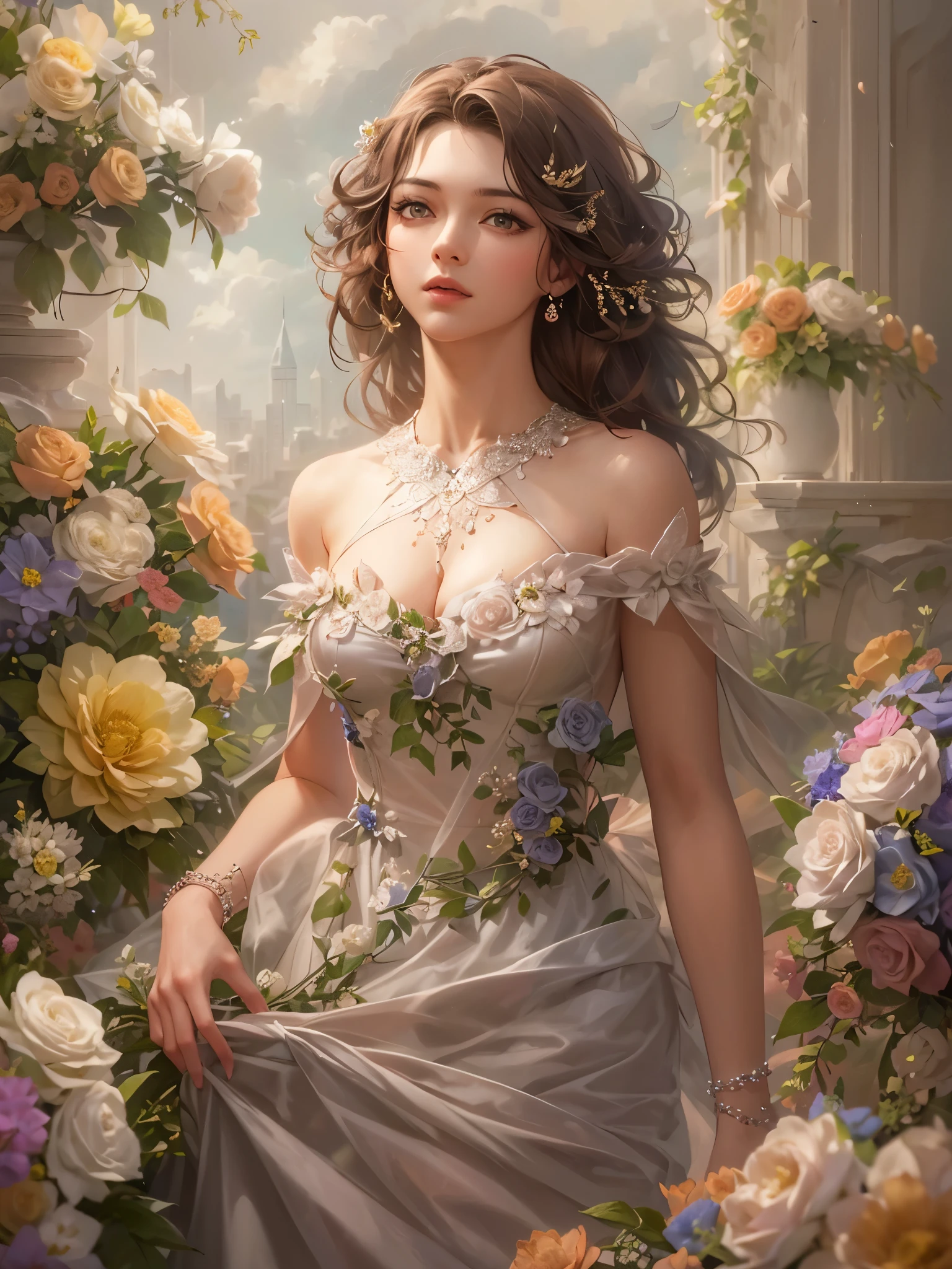 ((highest quality)),(ultra high resolution),(Super detailed),(detailed description),((best CG)),(best work of art),super precision art,great drawing art,(Art with precise details:1.5), Portrait:1.6,bust shot:1.4,(1 woman:1.5),beautiful and well-shaped face:1.5,(Dress with flowers on the chest:1.5)