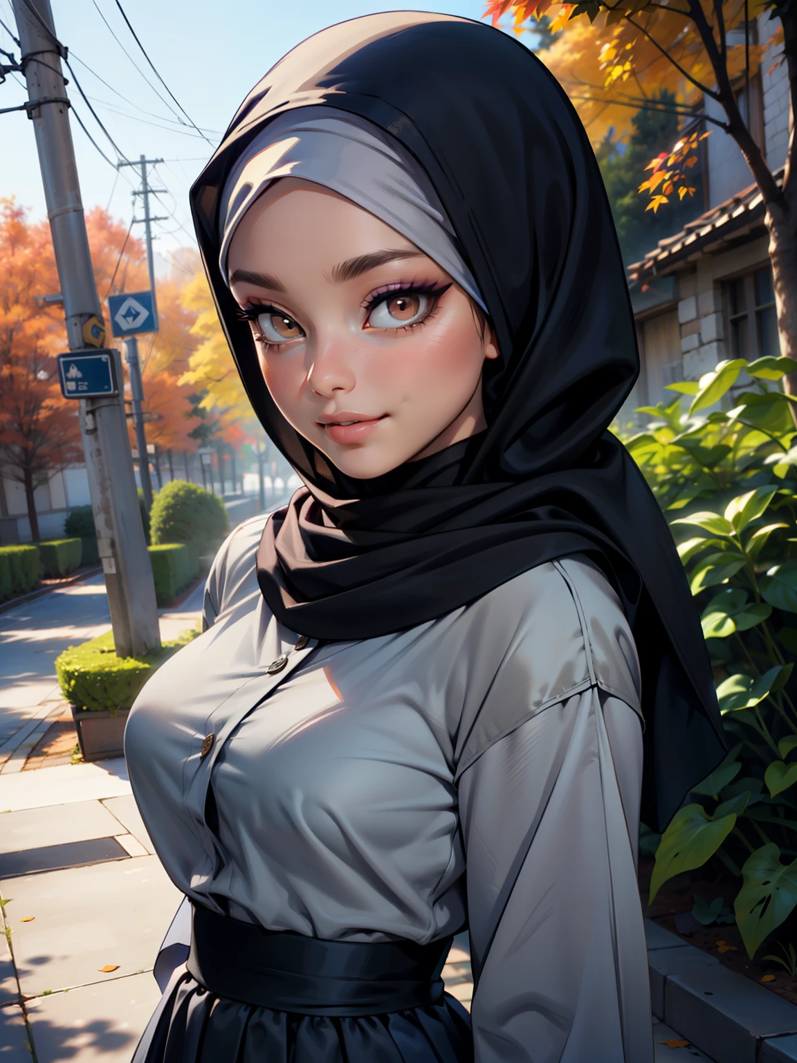 3dmm style, Masterpiece, realistic, best quality, best lighting, beautiful mature Czech woman, 1 girl photo solo, beautifully makeup, eyeshadow, Parted Lips, Detailed Eyes, beautiful big eyes, long eye lashes, dimples on the cheeks, smile, wearing ((Dark blue satin hijab)), loosely tide hijab style, ((gray satin shirt and satin long skirt)), (Half-body portrait), Front view, Symmetric Centre, facing the viewer, walking on trails autumn garden.
