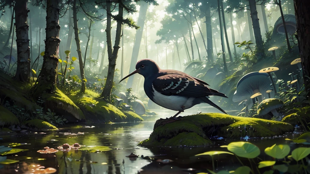 Masterpiece, macro photo of a bird drinking water in the forest, dusk, mushrooms, dewdrops, high contrast, Studio Ghibli style, highly complex, highly detailed, photorealistic style