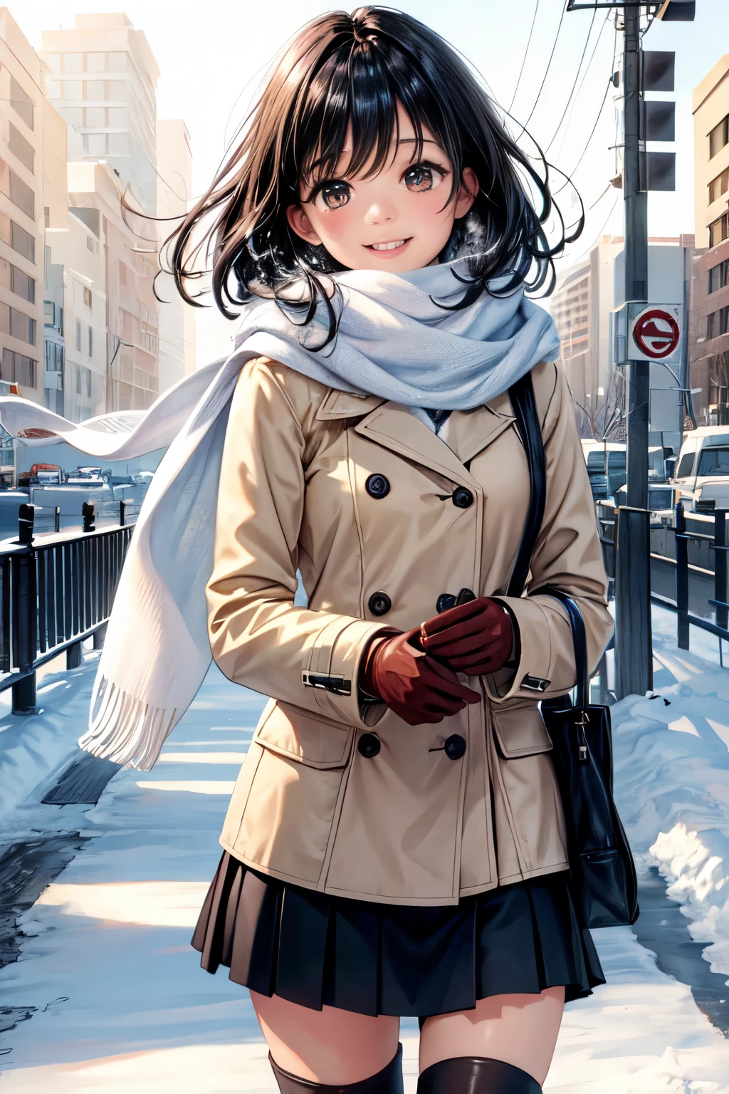 A girl with black hair and brown eyes is walking in a snowstorm. She is wearing a white scarf, a jacket, gloves, and snow boots. She is looking at the viewer with a cheerful expression. The image is low quality, blurry, and overexposed. The edges are darkened and there are light rays and lens flares. The flash of the camera is visible on her clothes and hair.