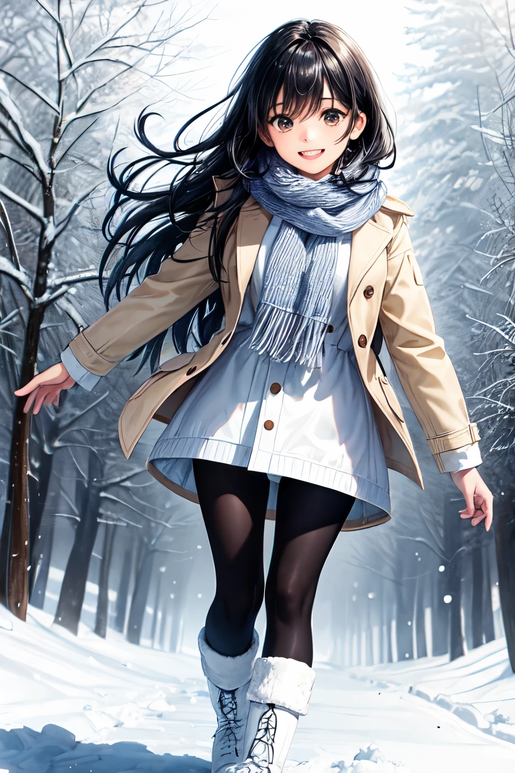 A girl with black hair and brown eyes is walking in a snowstorm. She is wearing a white scarf, a jacket, gloves, and snow boots. She is looking at the viewer with a cheerful expression. The image is low quality, blurry, and overexposed. The edges are darkened and there are light rays and lens flares. The flash of the camera is visible on her clothes and hair.