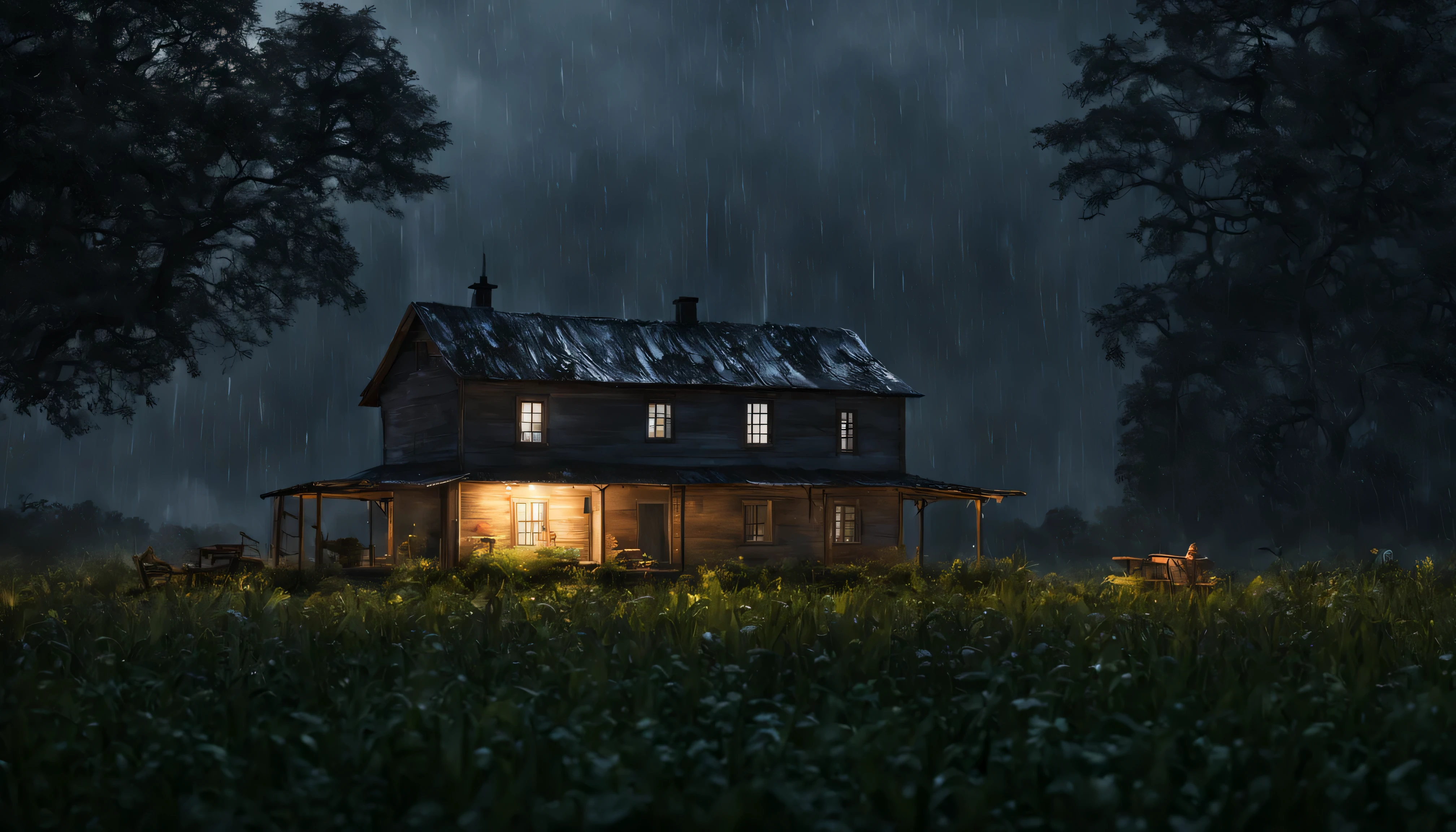 beautiful rainy night, farm house, forest, a dream house, night, calm, alone, art, realistic, hyper-realistic, highly detailed, realism, 32k, photography, cinematic, Hyperrealistic, splash art, concept art, fictional environment, mid shot, intricately detailed, colour depth, dramatic, side light, colourful background, beautifully shot, perfect composition