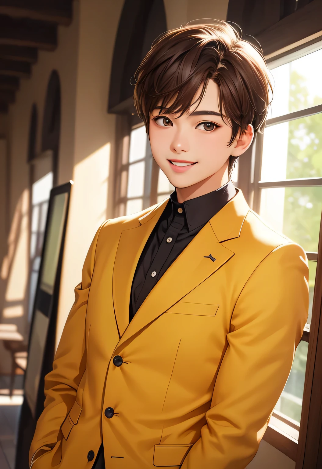 masterpiece, best quality, photorealistic, 1boy, solo, male focus, looking at viewer, upper body, yellow suit, brown hair, smile,