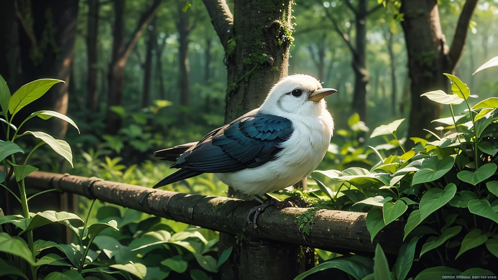 Masterpiece, macro photo of a bird drinking water in the forest, dusk, mushrooms, dewdrops, high contrast, Studio Ghibli style, highly complex, highly detailed, photorealistic style