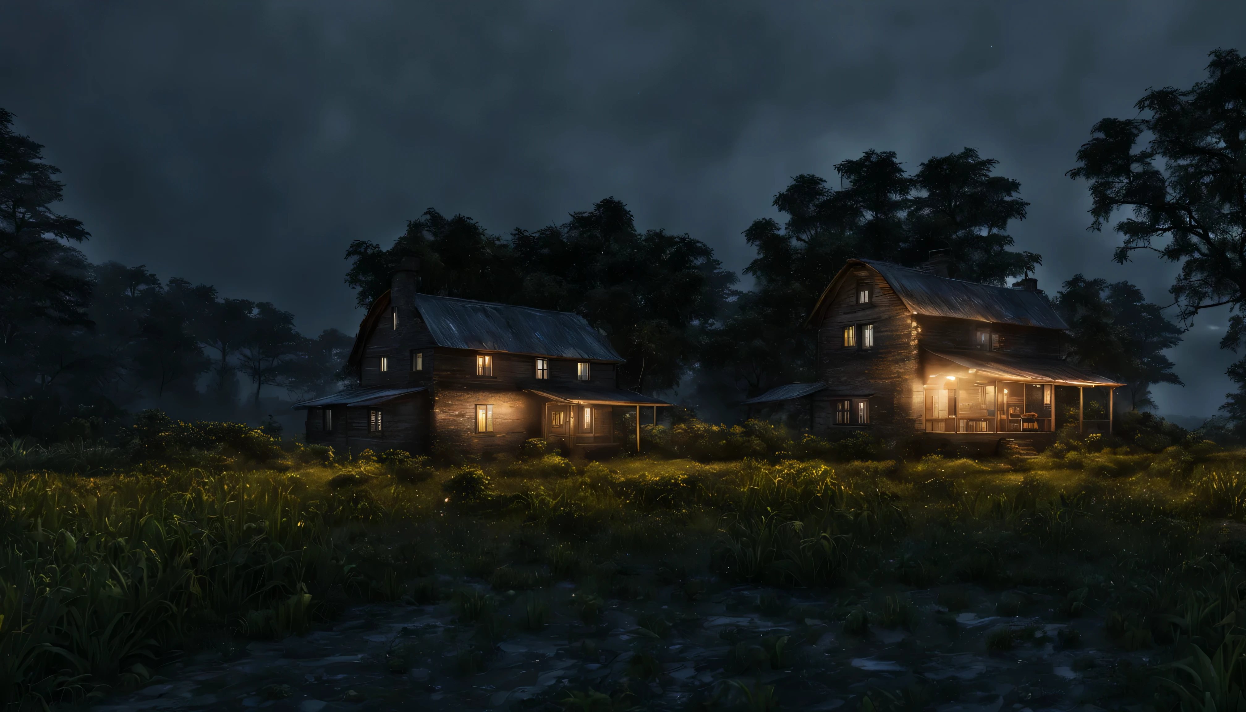 beautiful rainy night, farm house, forest, a dream house, night, calm, alone, art, realistic, hyper-realistic, highly detailed, realism, 32k, photography, cinematic, Hyperrealistic, splash art, concept art, fictional environment, mid shot, intricately detailed, colour depth, dramatic, side light, colourful background, beautifully shot, perfect composition