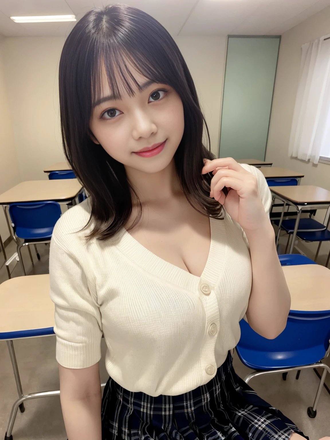 (highest quality images、masterpiece level、ultra high resolution、Detailed image)、(beautiful japanese woman、Has a beautiful body、beautiful breasts、Have a bright smile)、((high school girl,High ,white shirt,ribbon,cardigan,plaid pleated skirt))、(school classroom,blackboard,Chair)、(Detailed image、accurate anatomy、Image without defects、非常にDetailed image、accurate image、perfect image)、(model shoot)