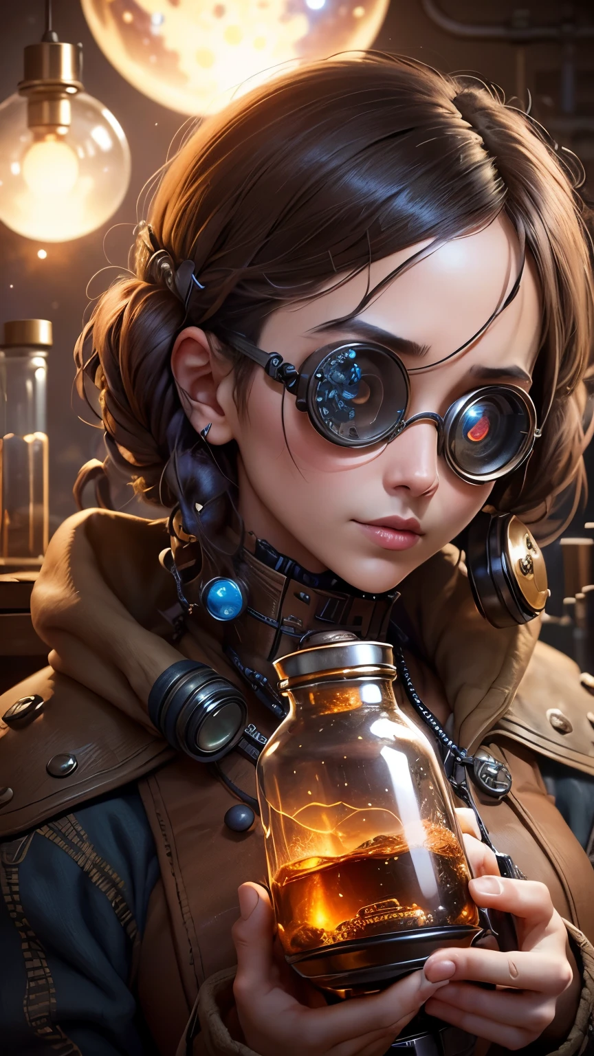 steampunkai。masterpiece。highest quality。detailed details。(galaxy in a flask)。((mysterious observation equipment))。(observing galaxies in a flask)。(one woman。perfect face)。(The background is a cluttered laboratory.)。