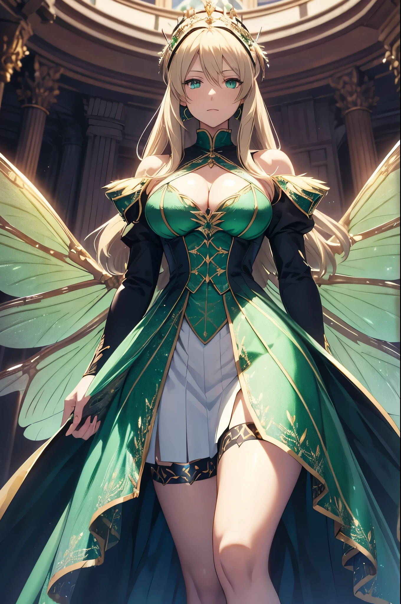 Artoria Pendragon has dragonfly wings, iridescent dragonfly wings, short, fluffy brunette hair, and emerald green eyes. Perfect anatomy, dressed in regal clothing, Thick body