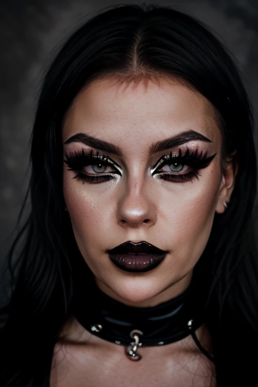 face portrait, glamour photography of emmanorts stylish goth girl, edgy vibe, dark, mascara, eyeliner, dark cheeks, smoky eye makeup, grainy, classy professional photoshoot atmosphere