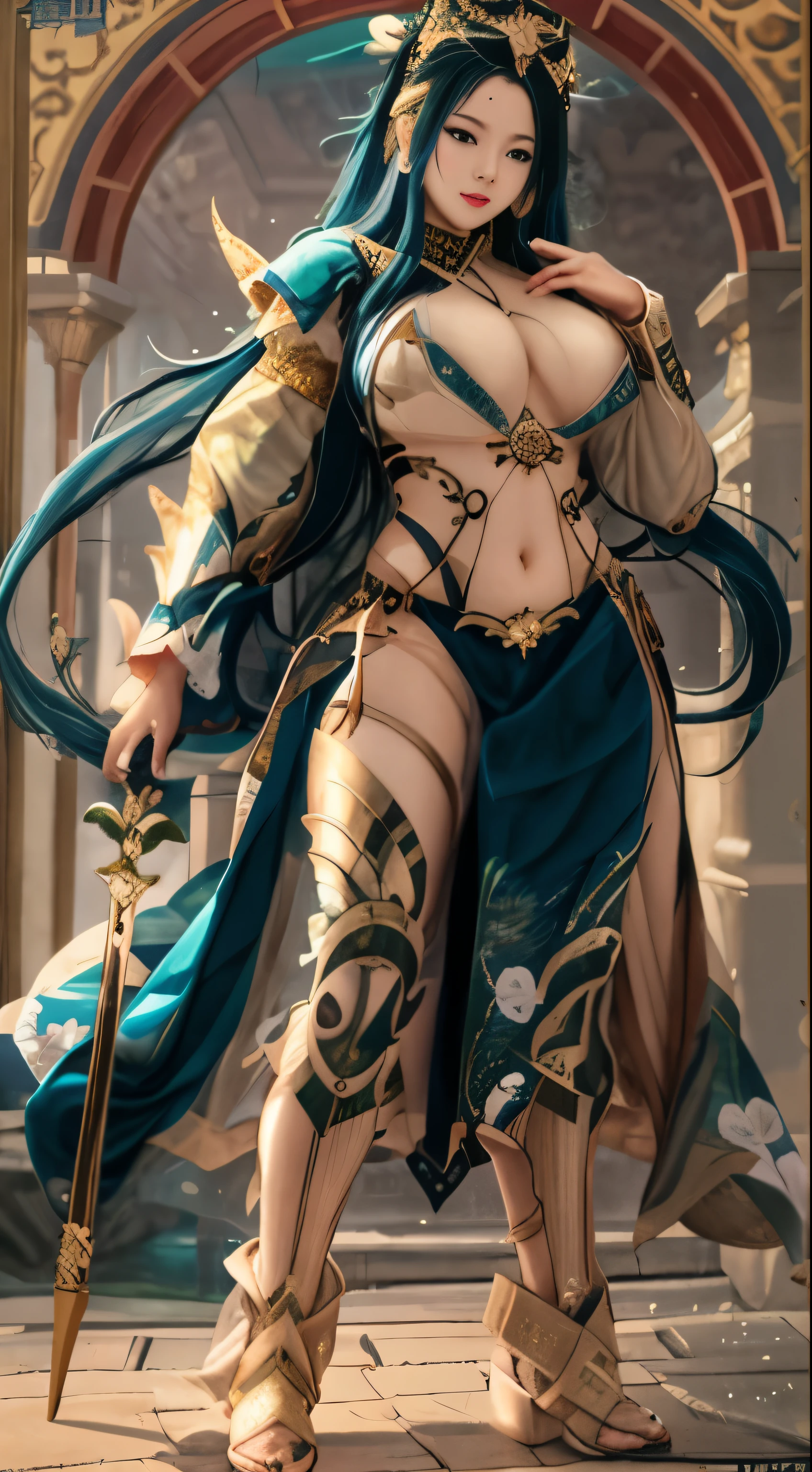 ((4k,masterpiece,best quality)), shuimobysim, Chinese painting, lotus, hanfu, maxiskit, dress open, swf 1girl, solo, long blue hair, smile, standing, feet in the water, barefoot,