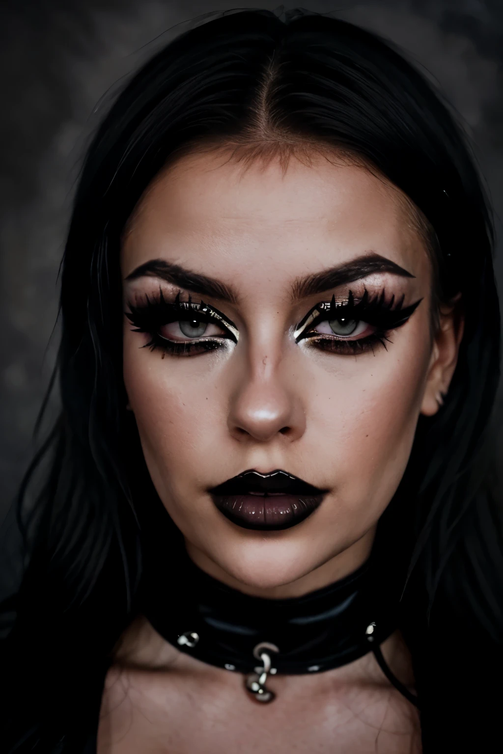 face portrait, glamour photography of emmanorts stylish goth girl, edgy vibe, dark, mascara, eyeliner, dark cheeks, smoky eye makeup, grainy, classy professional photoshoot atmosphere