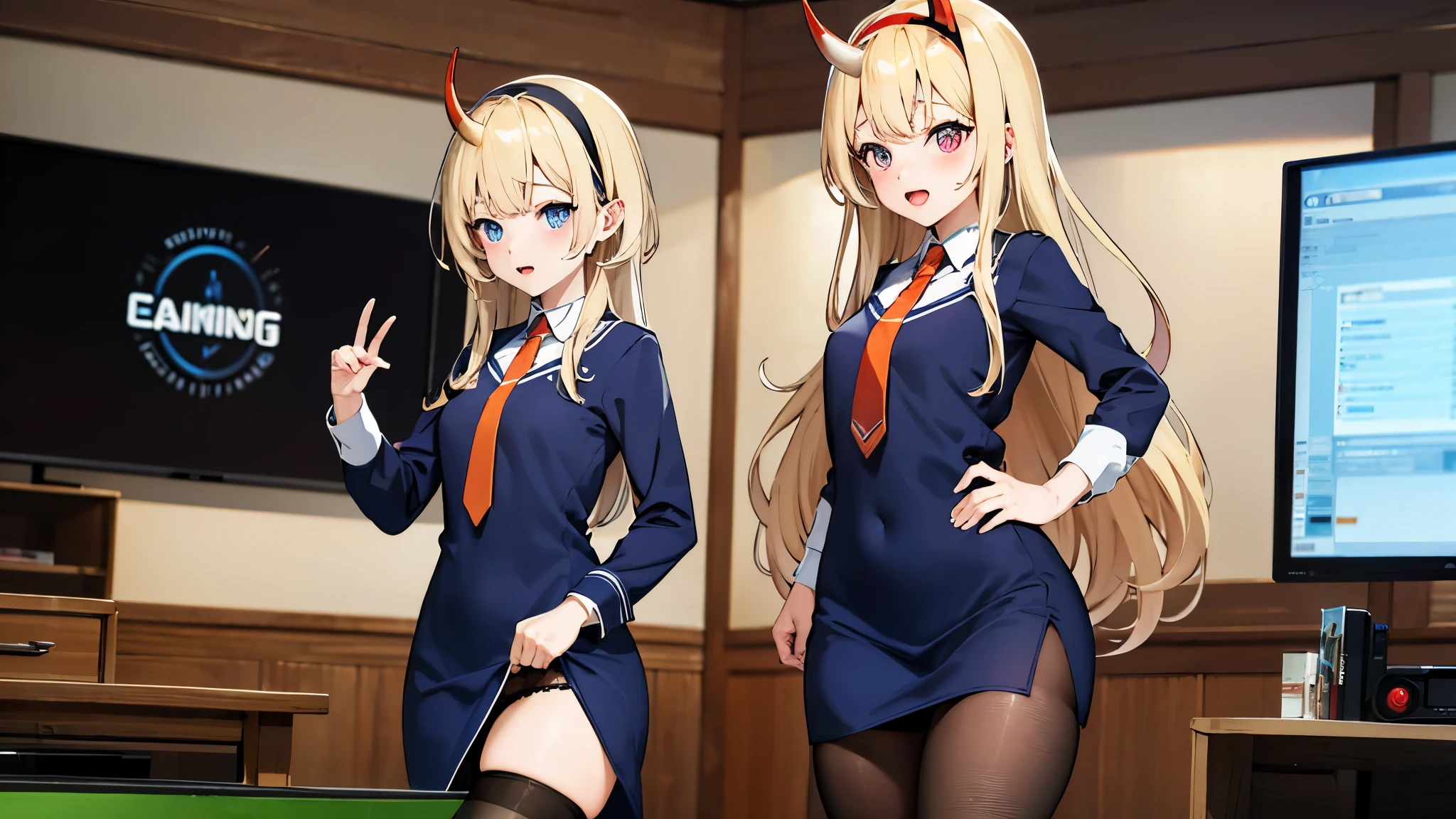 masterpiece, best quality, highres, sexy anime girl, long hair, horns, hairband, nerd gaming uniform, orange necktie, blue dress, long sleeves, black pantyhose, underwear, cowboy shot, standing, gaming room background