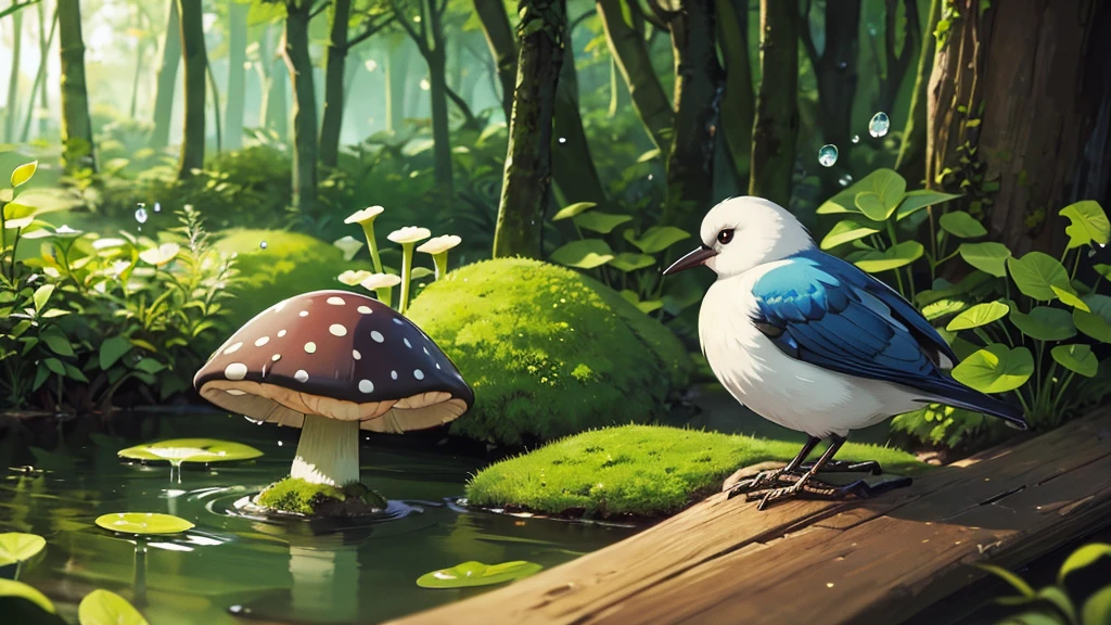 Masterpiece, macro photo of a bird drinking water in the forest, dusk, mushrooms, dewdrops, high contrast, Studio Ghibli style, highly complex, highly detailed, photorealistic style